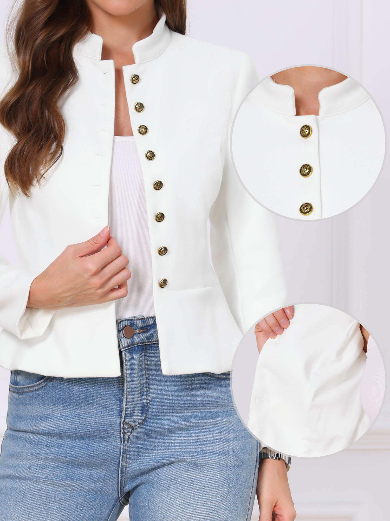 Classic Button Stand Collar Long Sleeve Jackets Cream White/M