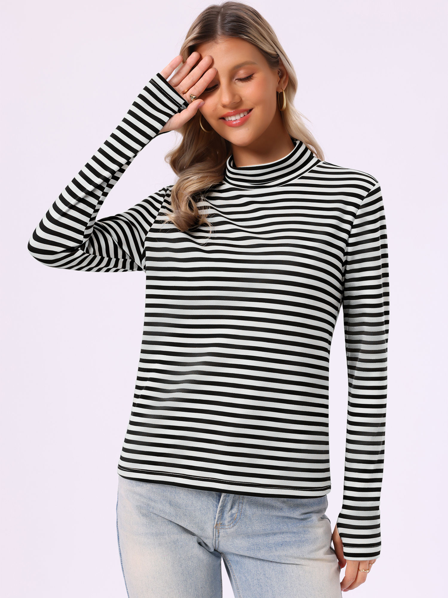 Mock Neck Long Sleeve Casual Striped Blouse Black White/XL