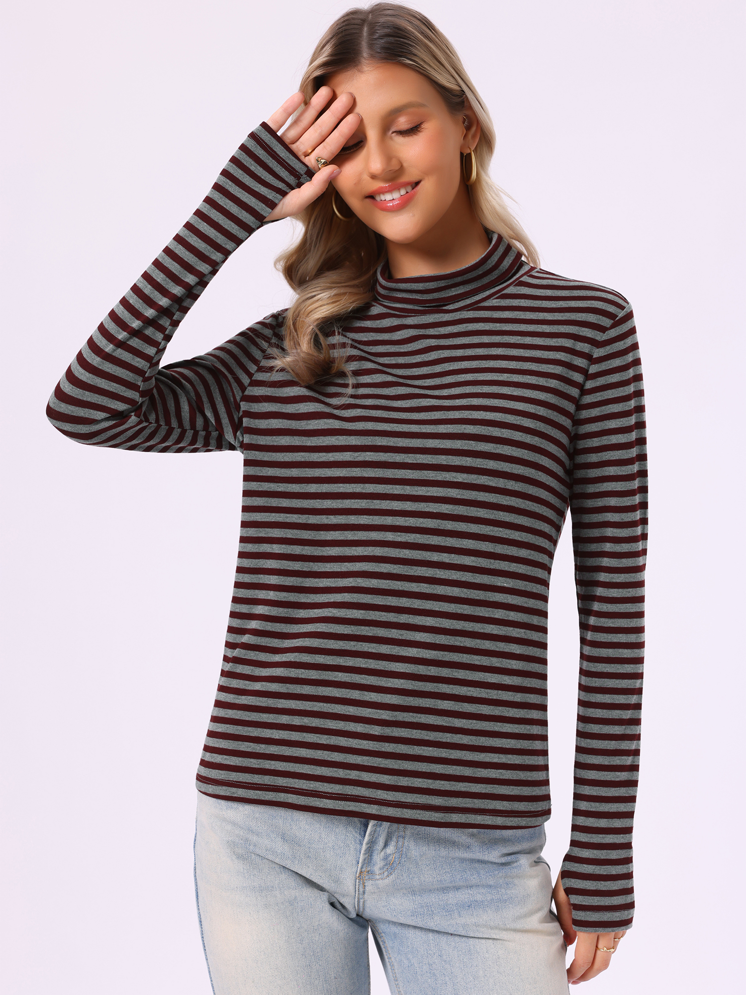 Mock Neck Long Sleeve Casual Striped Blouse Red Gray/S