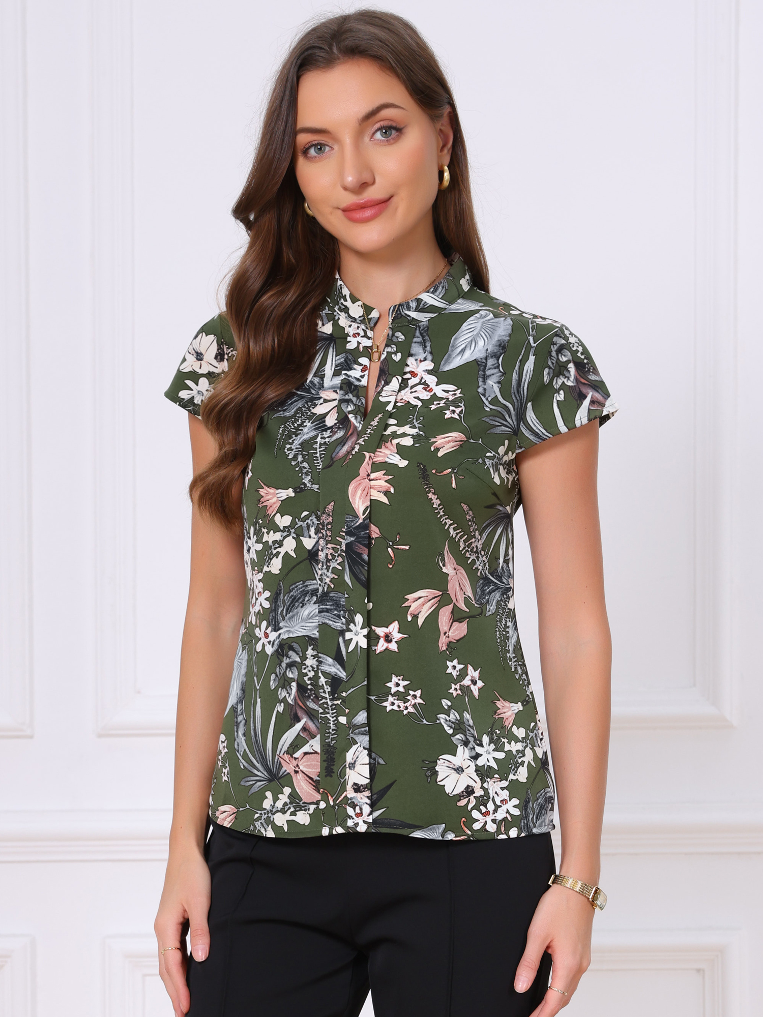 Satin Work Floral Vintage Stand Collar Cap Sleeve Blouse Army Green/M