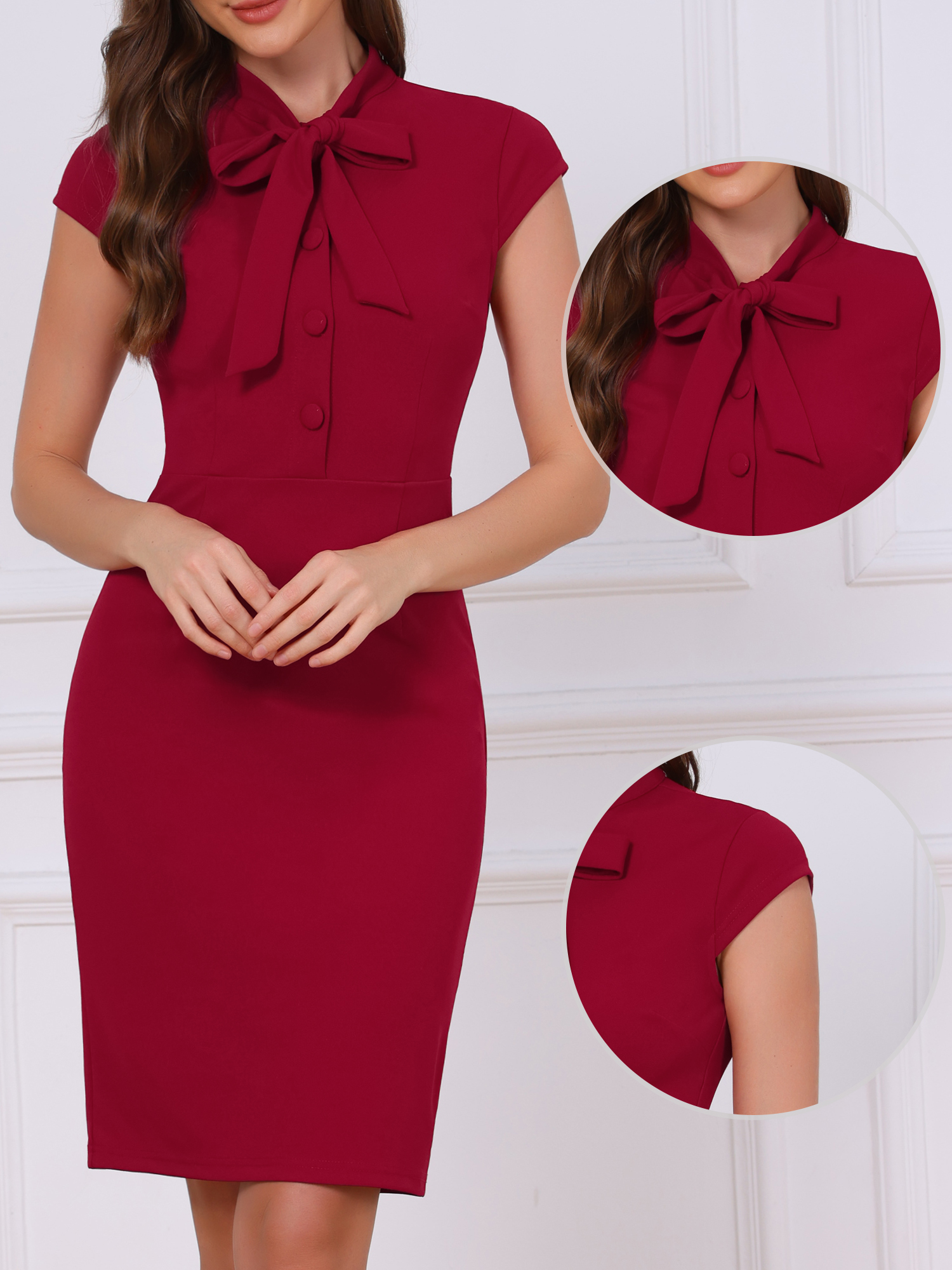 Work Bow Tie Neck Cap Sleeve Side Zipper Sheath Dress Dark Red/S