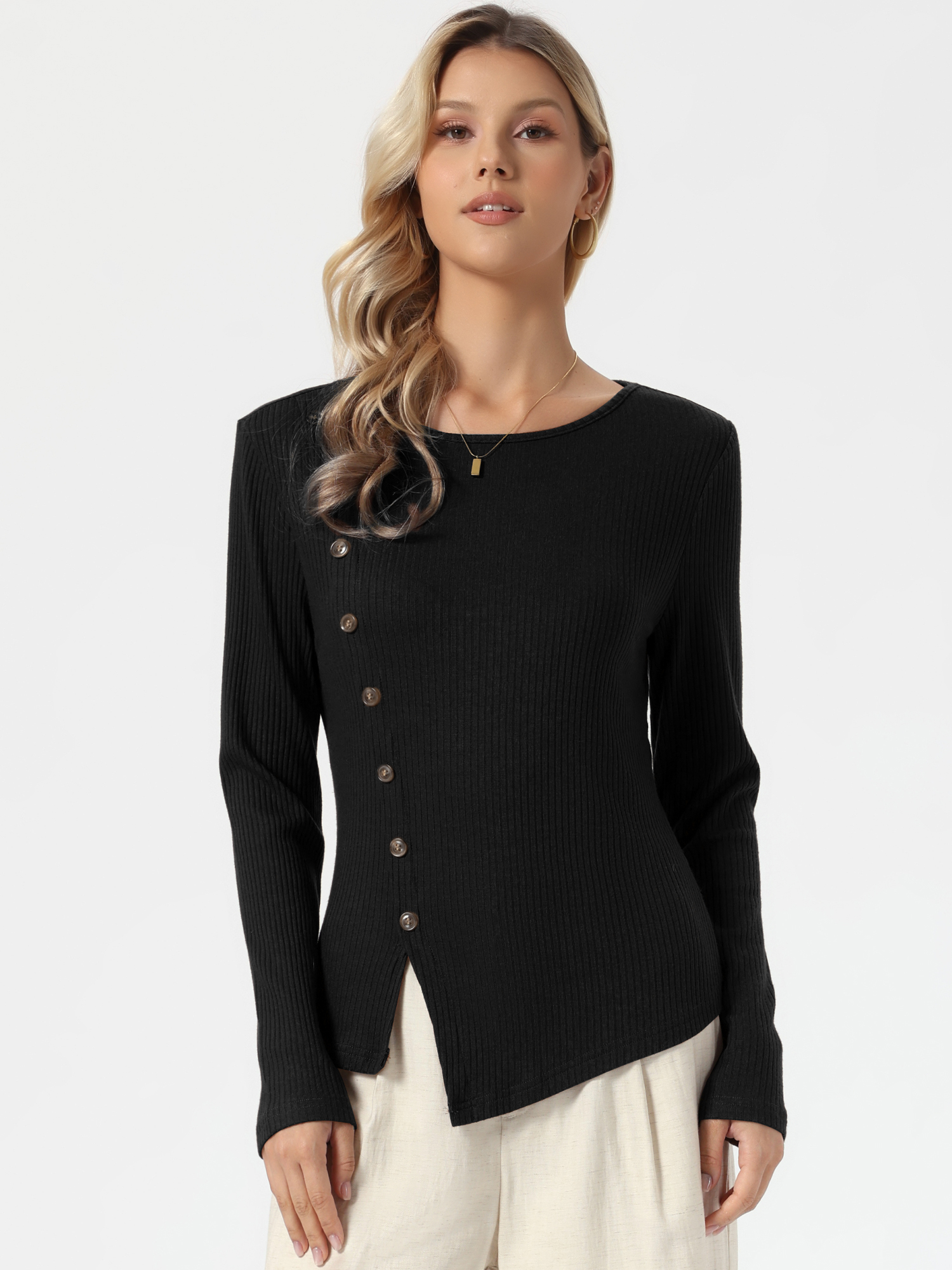 Crew Neck Button Decor Casual Knit Ribbed Pullover Tops Black/S
