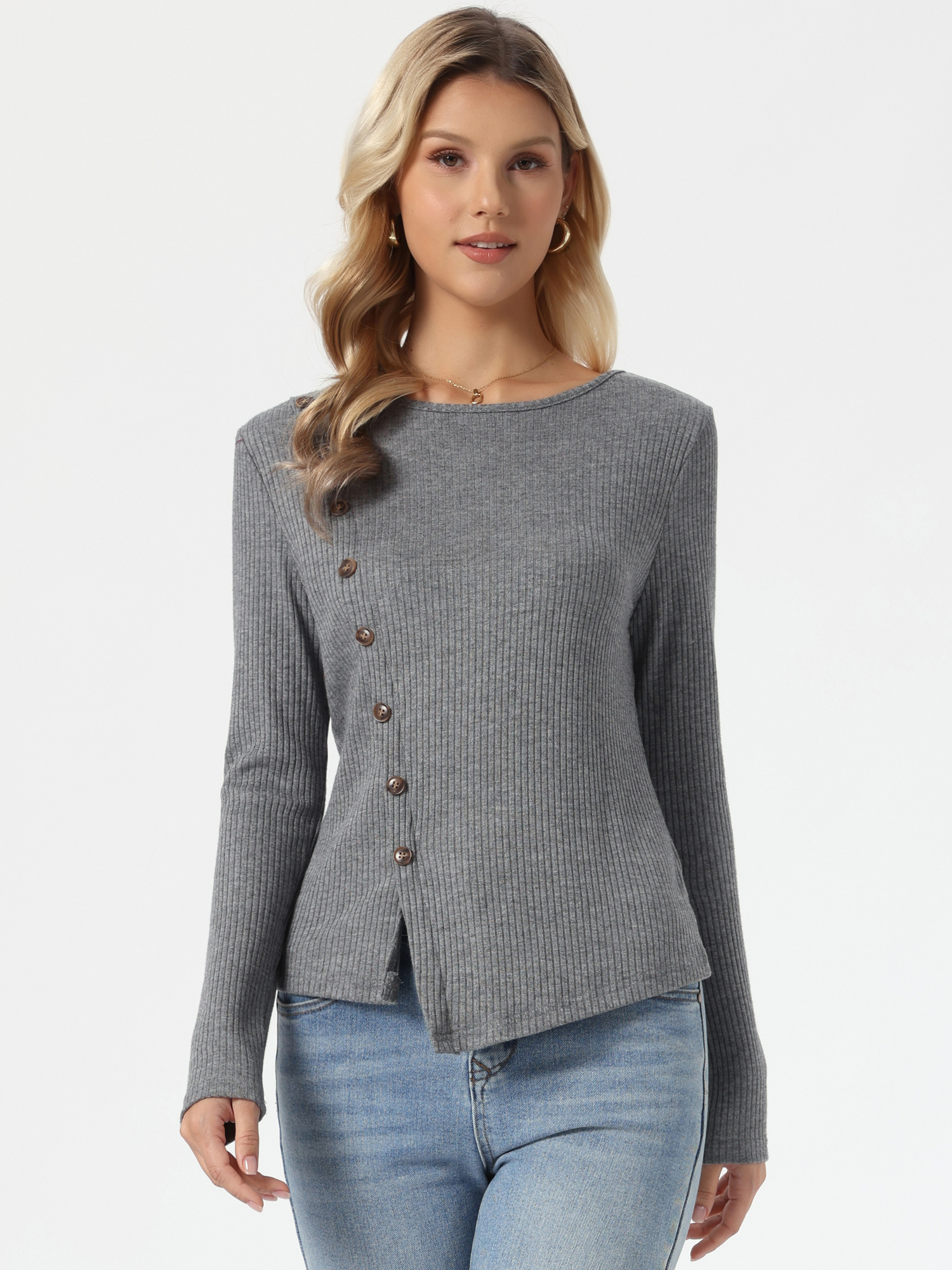 Crew Neck Button Decor Casual Knit Ribbed Pullover Tops Gray/XS