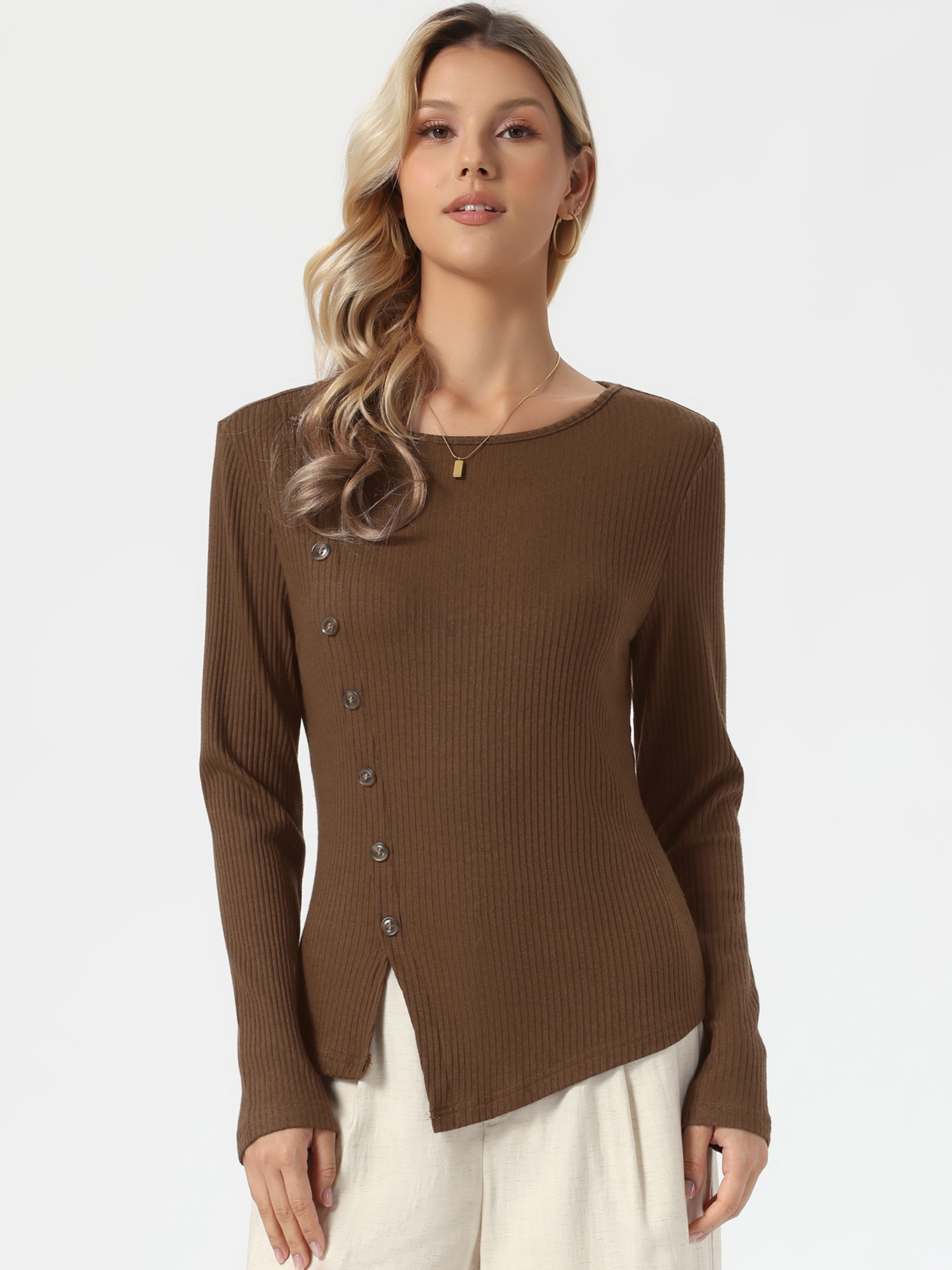 Crew Neck Button Decor Casual Knit Ribbed Pullover Tops Brown/XL