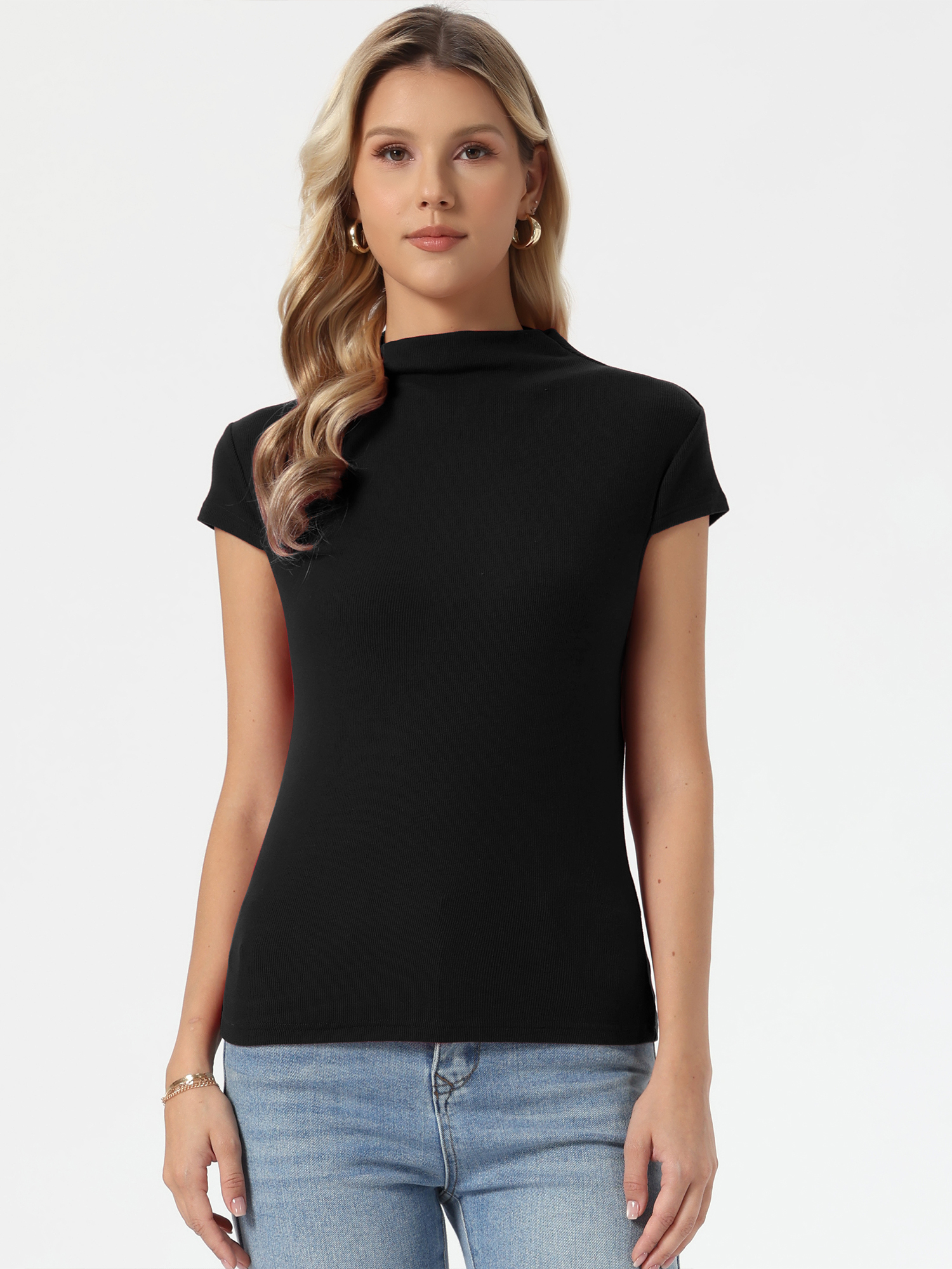 Mock Neck Cap Sleeves Casual Knit Top Black/L