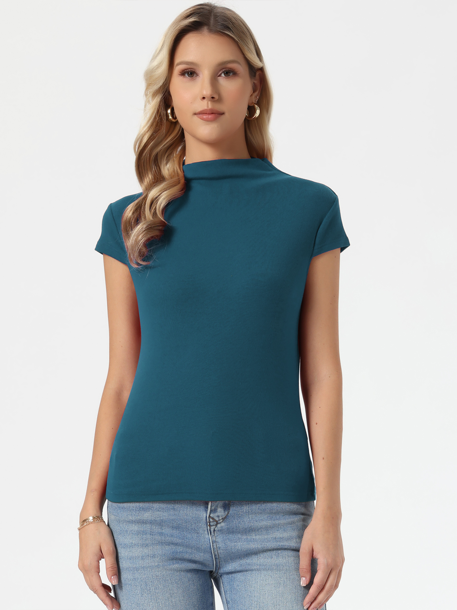 Mock Neck Cap Sleeves Casual Knit Top Lake Blue/XS