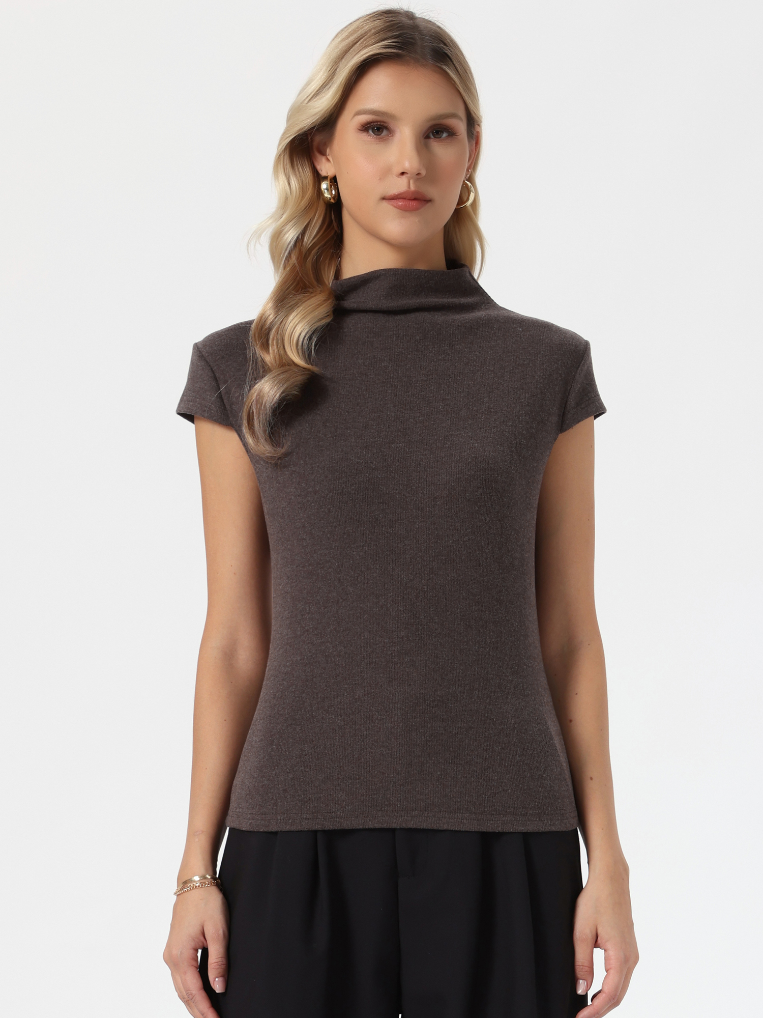 Mock Neck Cap Sleeves Casual Knit Top Brown/M