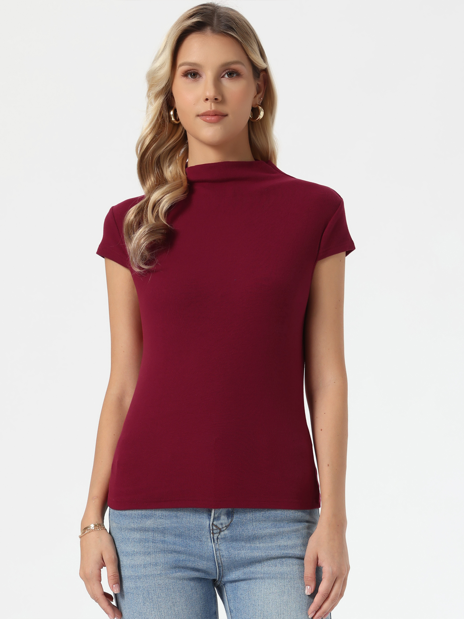 Mock Neck Cap Sleeves Casual Knit Top Red/S