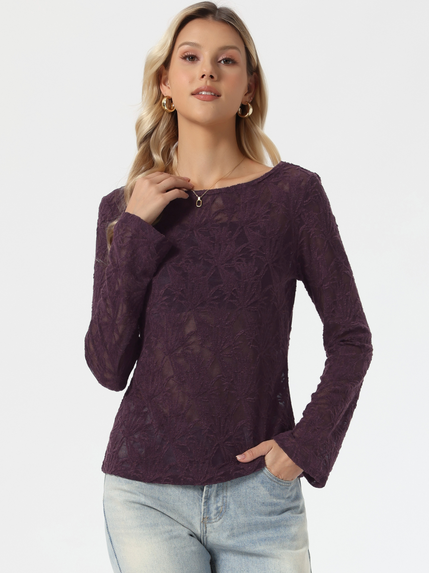Jacquard Textured Boat Neck Long Sleeve Sheer Top Purple/M