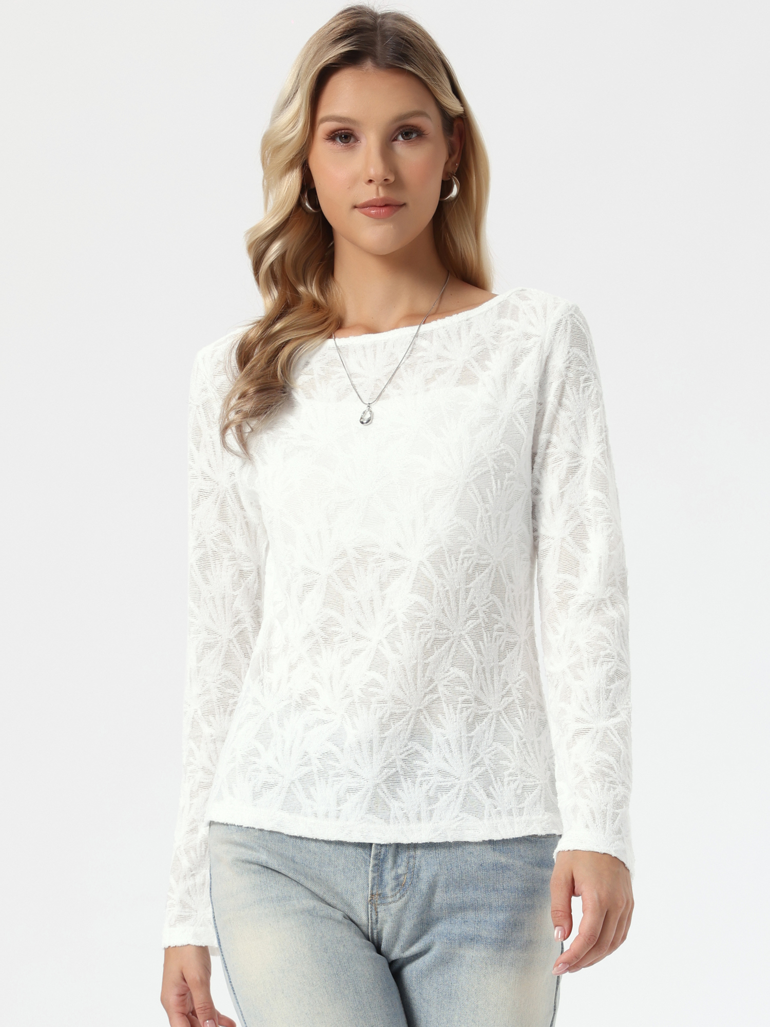 Jacquard Textured Boat Neck Long Sleeve Sheer Top White/XL