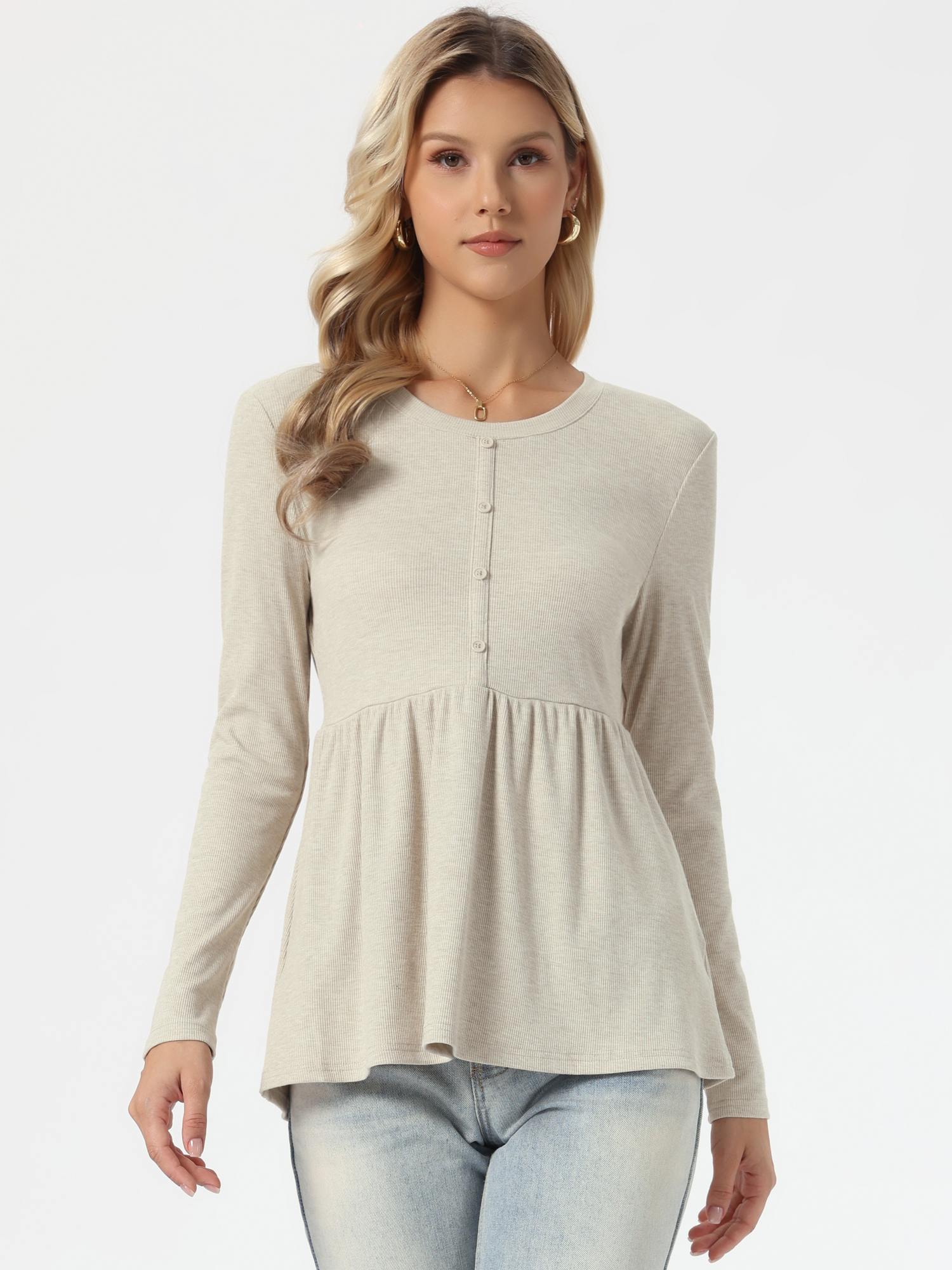 Round Neck Long Sleeve Button Knitted Babydoll Top Apricot/M