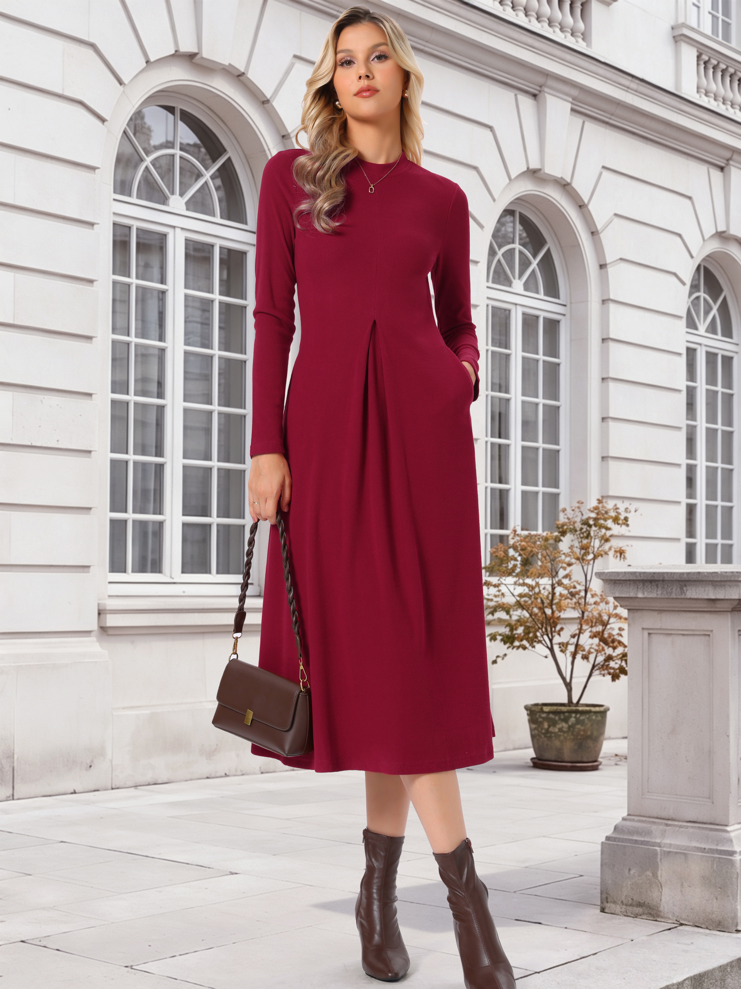 Long Sleeve Crew Neck Pockets A-Line Ribbed Knit Dress Burgundy/S