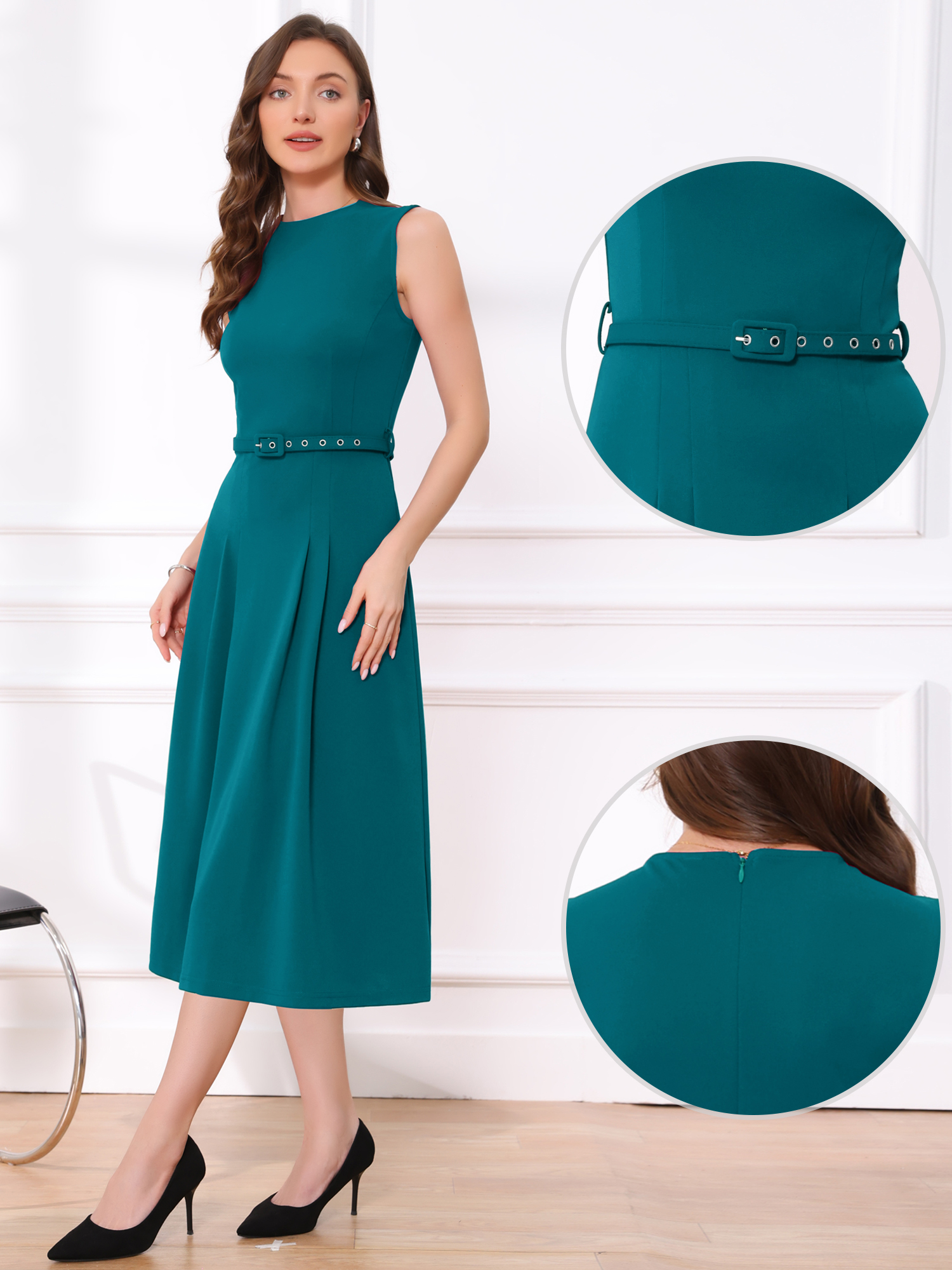 Work Sleeveless Crew Neck Belted A-Line Office Dress Lake Blue/M