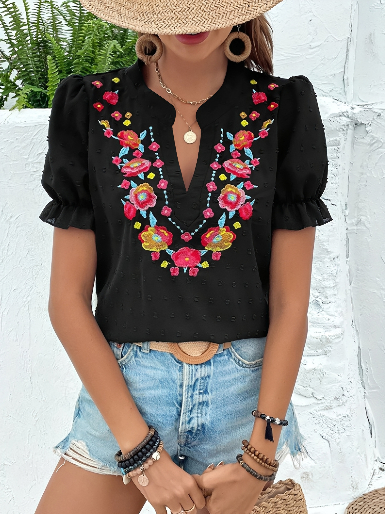 Floral Embroidered Swiss Dots Puff Sleeves Blouse Black/L