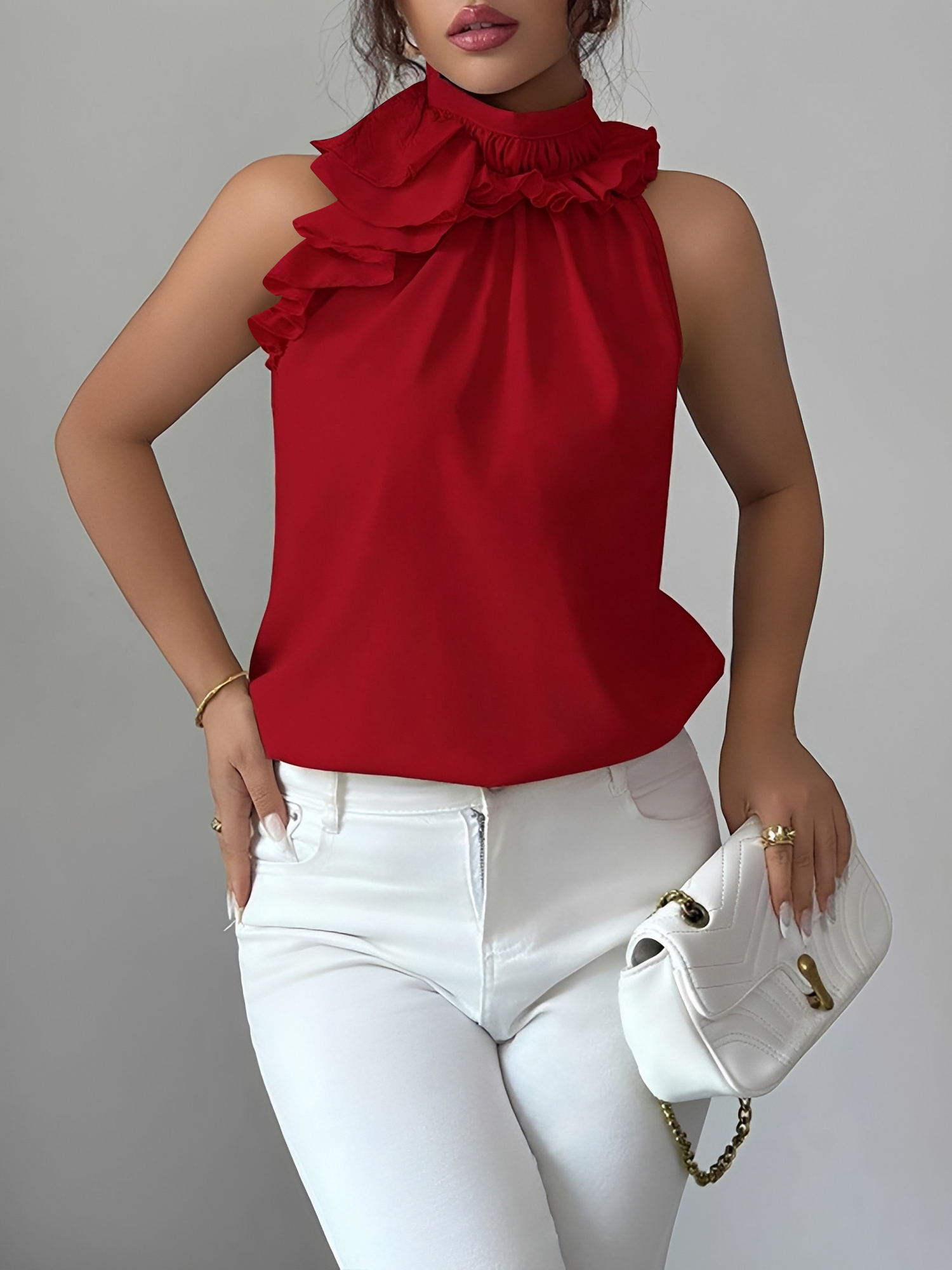 Ruffled Mock Neck Sleeveless Solid Color Blouse Red/XL