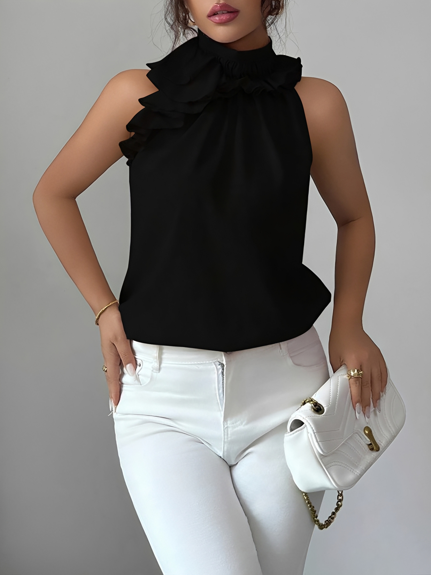 Ruffled Mock Neck Sleeveless Solid Color Blouse Black/L