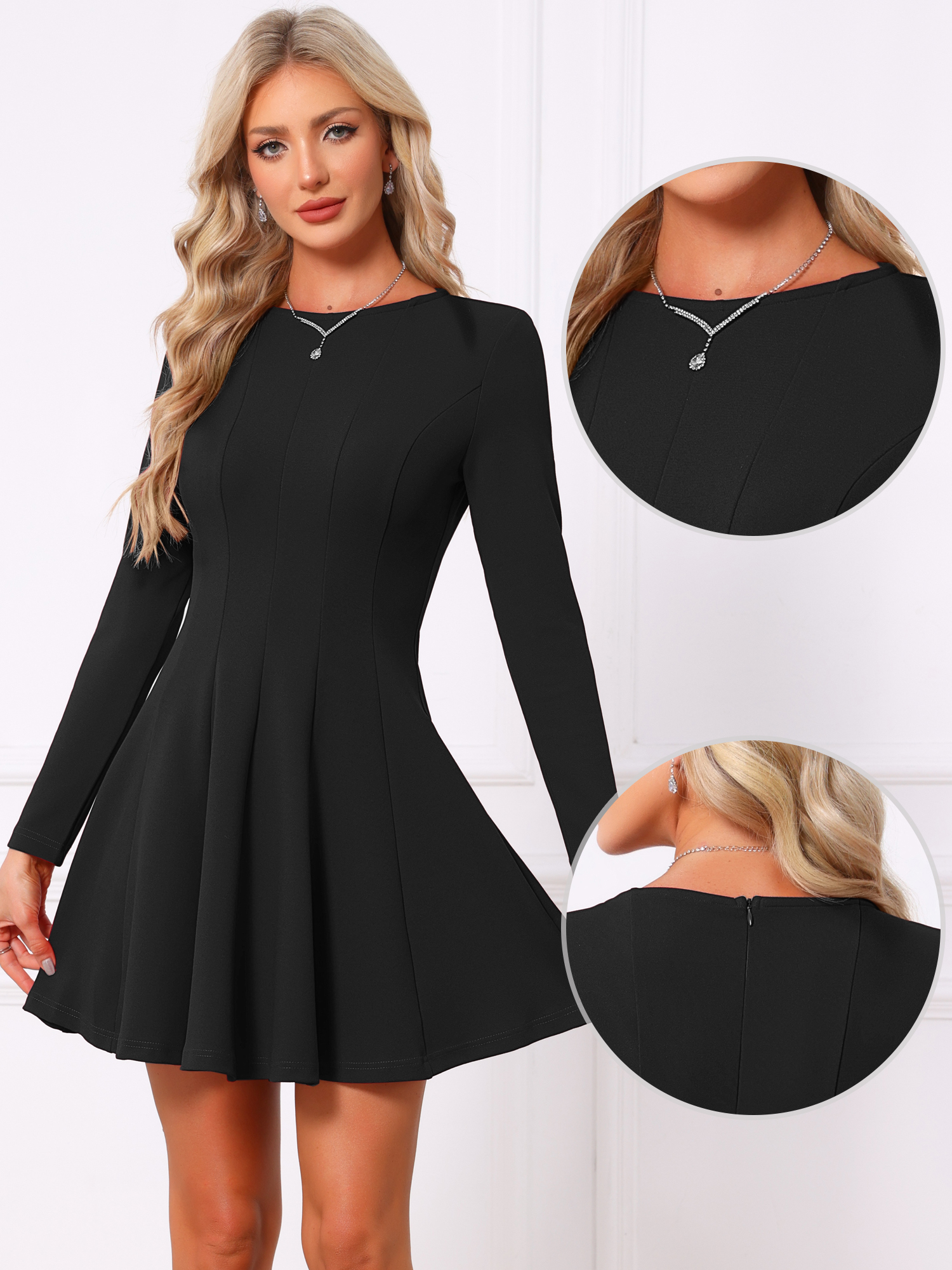 A-Line Pleated Mini Long Sleeve Dress Black/L