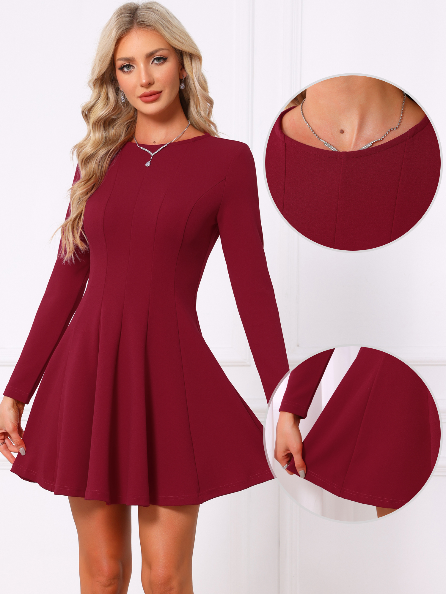 A-Line Pleated Mini Long Sleeve Dress Red/S