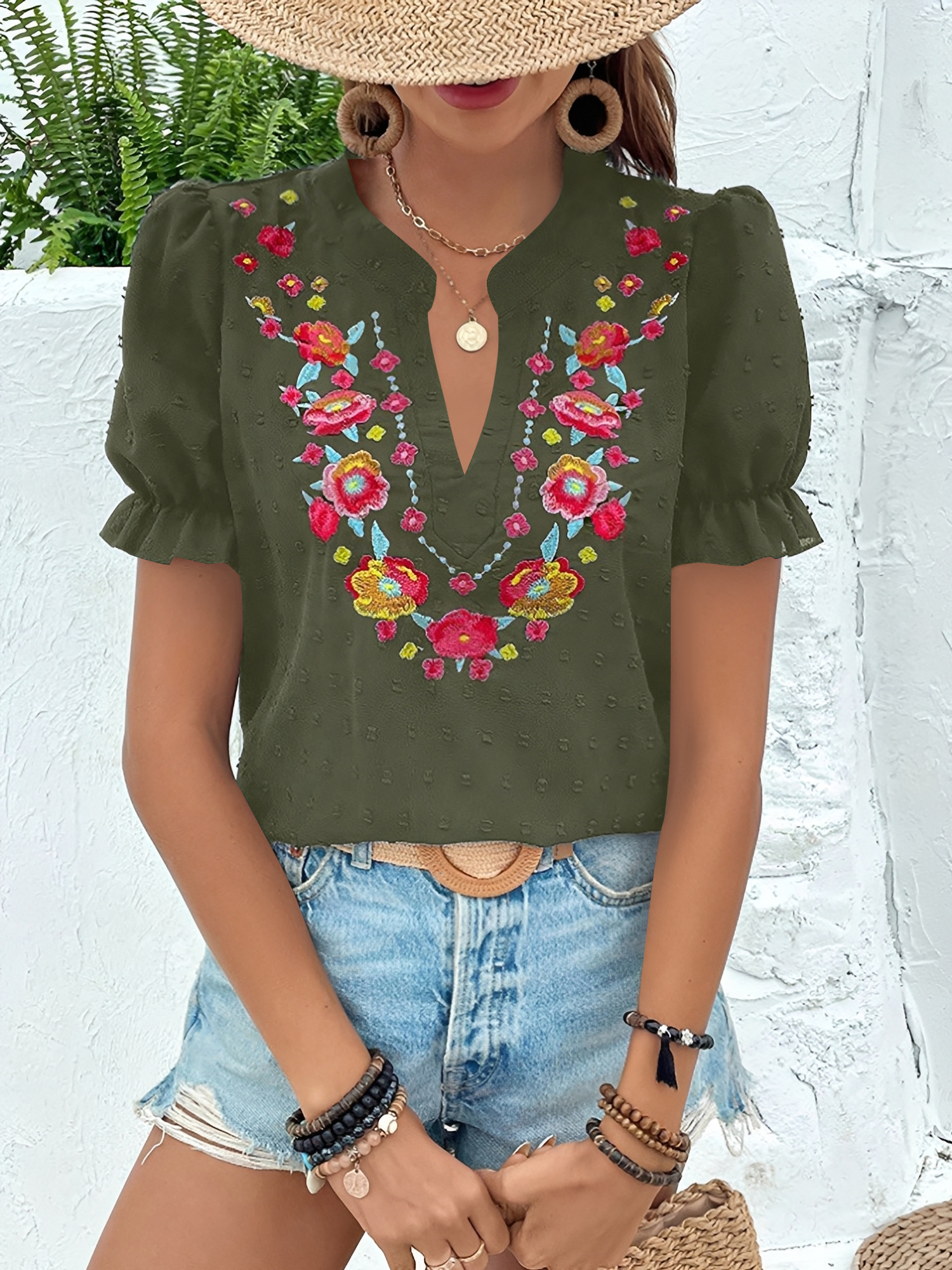 Floral Embroidered Swiss Dots Puff Sleeves Blouse Army Green/XS