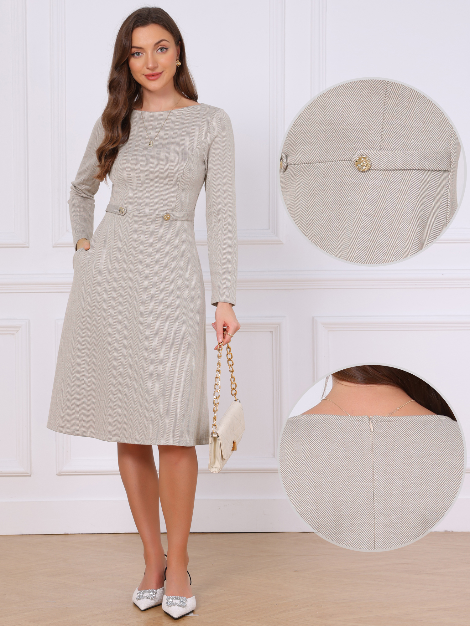 Herringbone Boat Neck Long Sleeve A-Line Pockets Dress Taupe/S