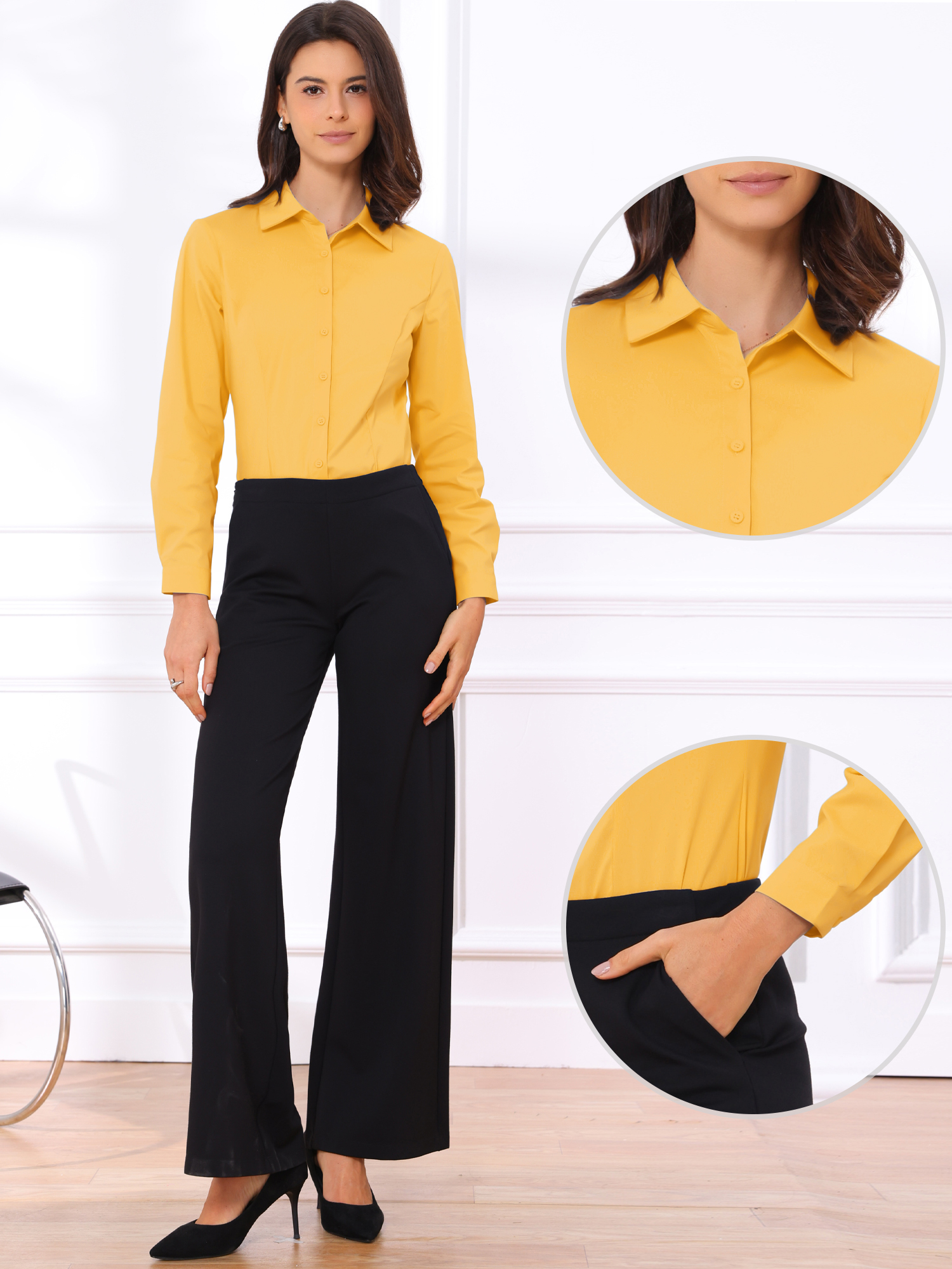 Long Sleeve Leotard Shirt Business Work Button Down Bodysuit Yellow/L