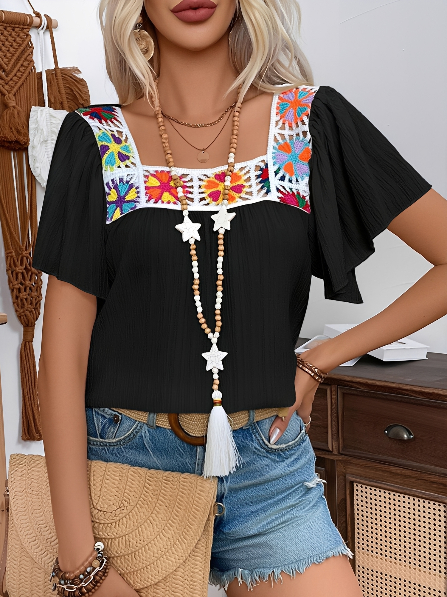 Square Neck Crochet Floral Short Sleeve Blouse Black/S