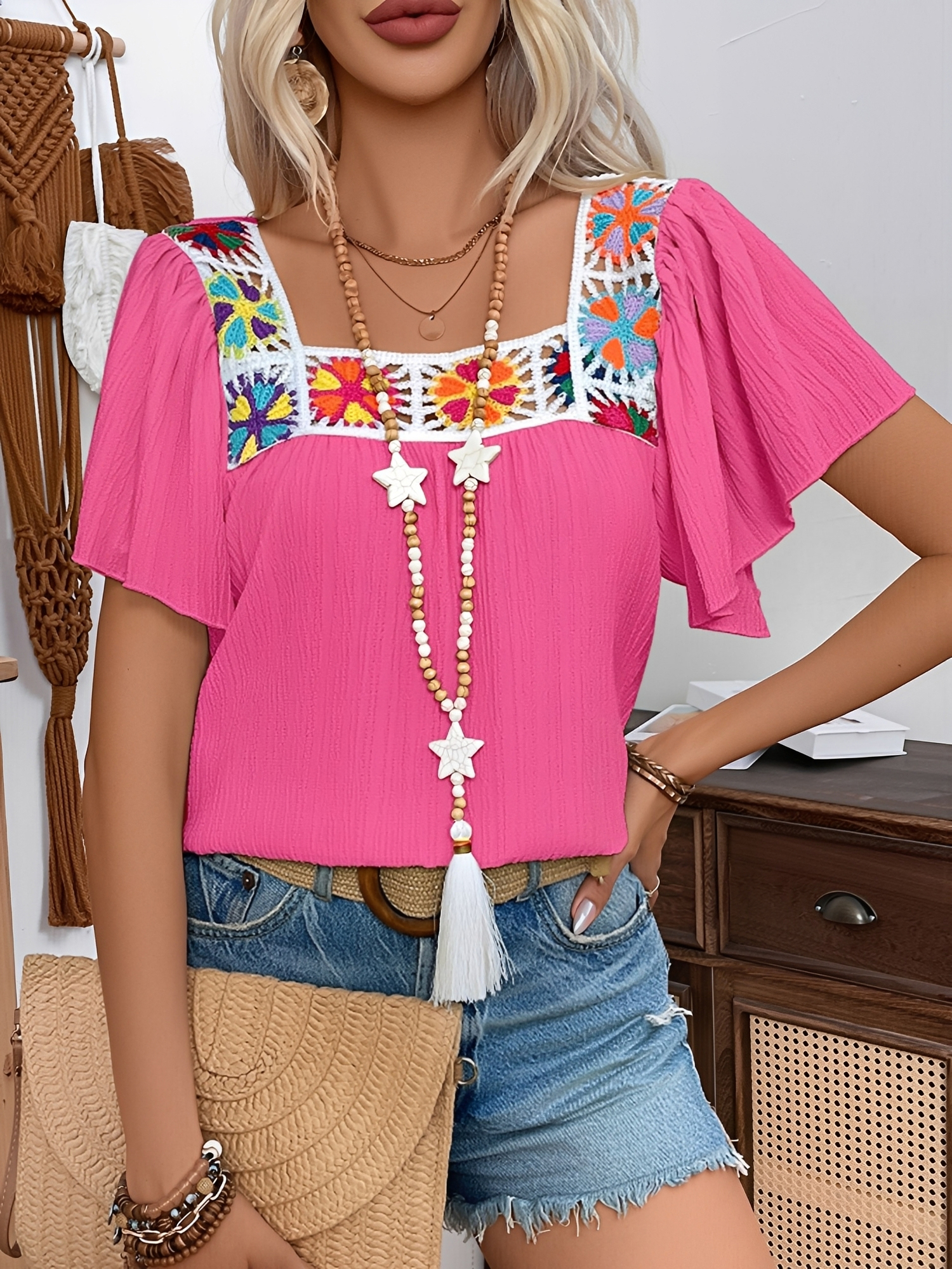 Square Neck Crochet Floral Short Sleeve Blouse Rose Red/XS