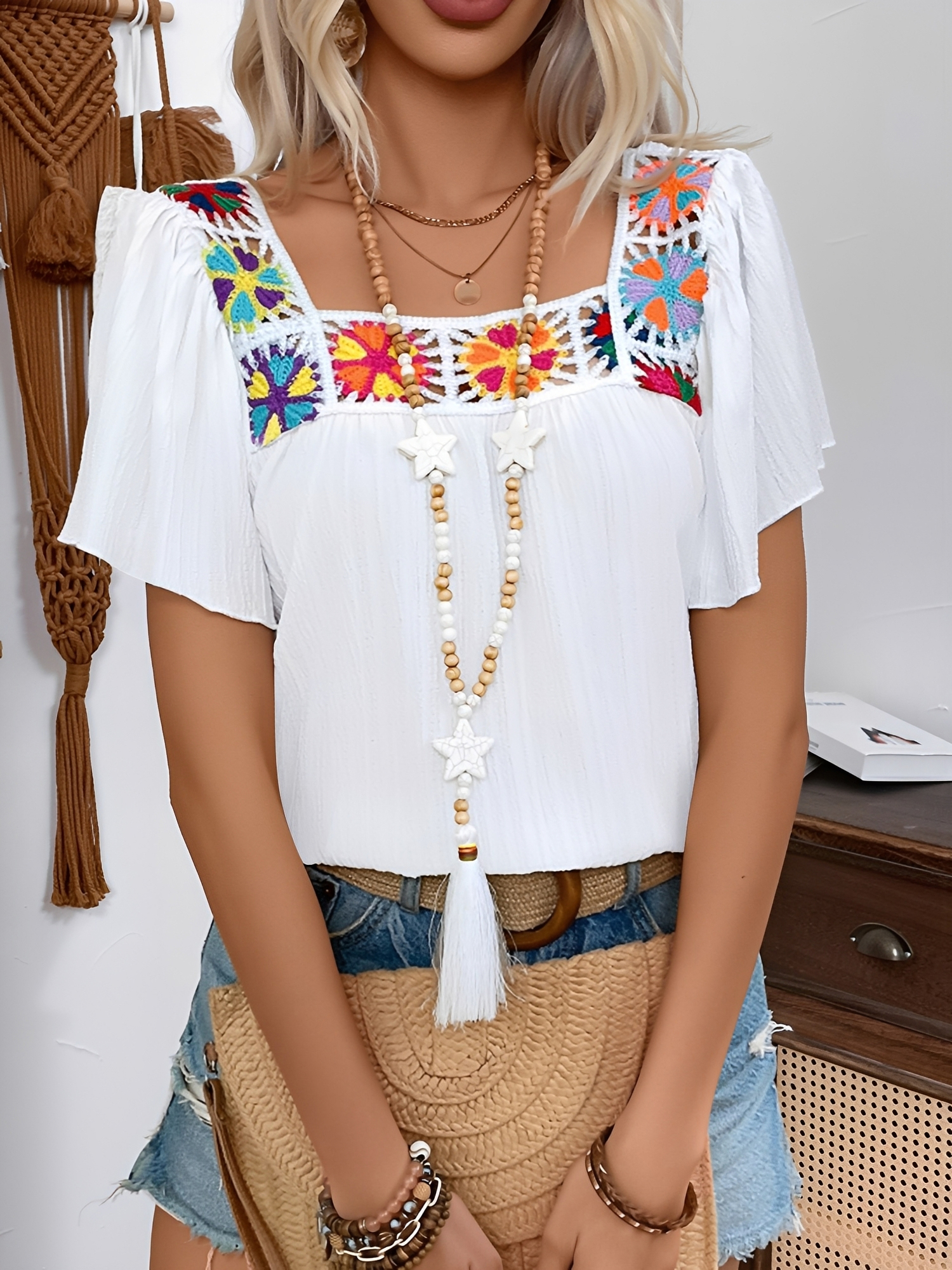 Square Neck Crochet Floral Short Sleeve Blouse White/S