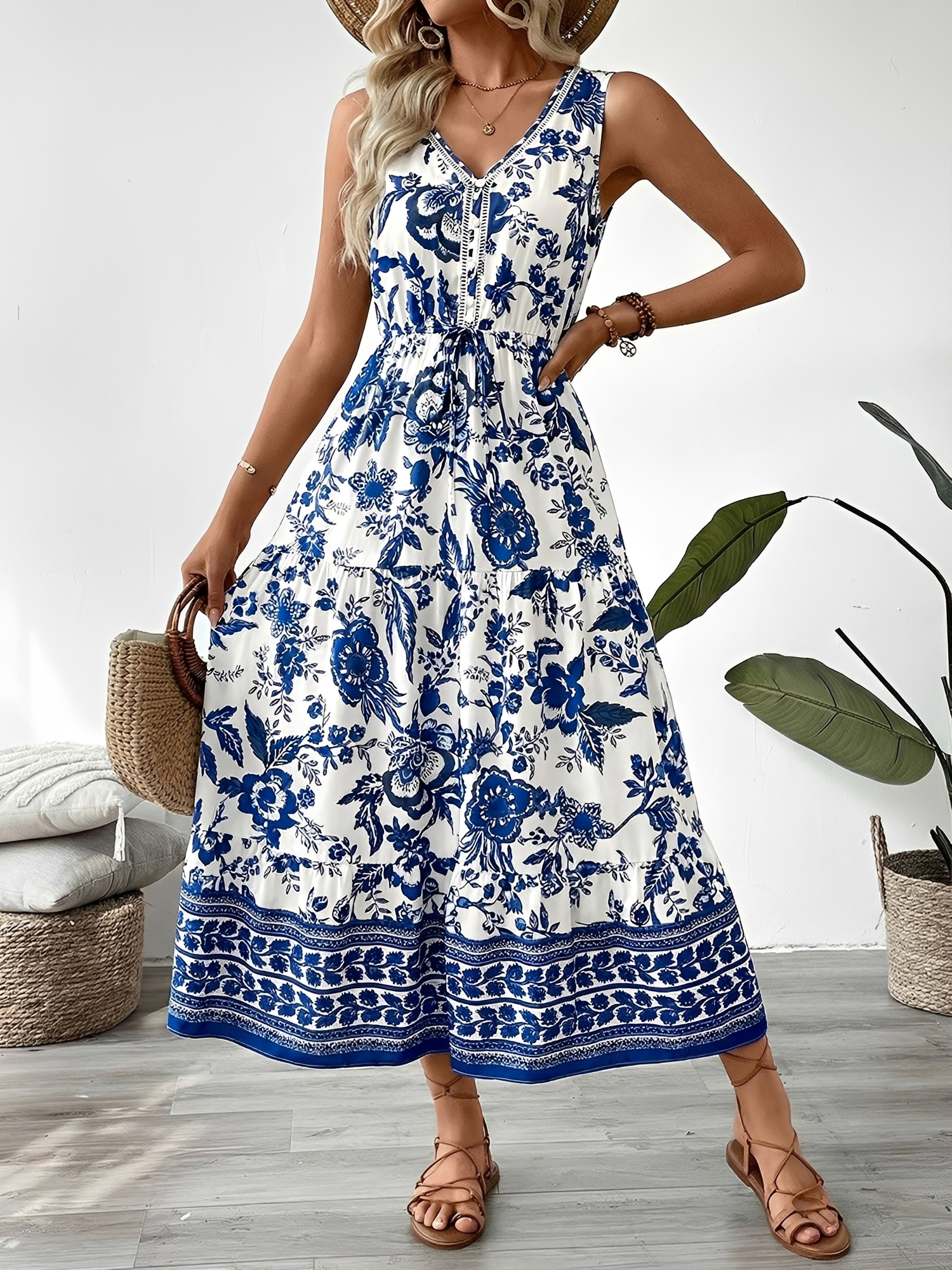Vacation V Neck Sleeveless Boho Print Midi Dress Dark Blue/S