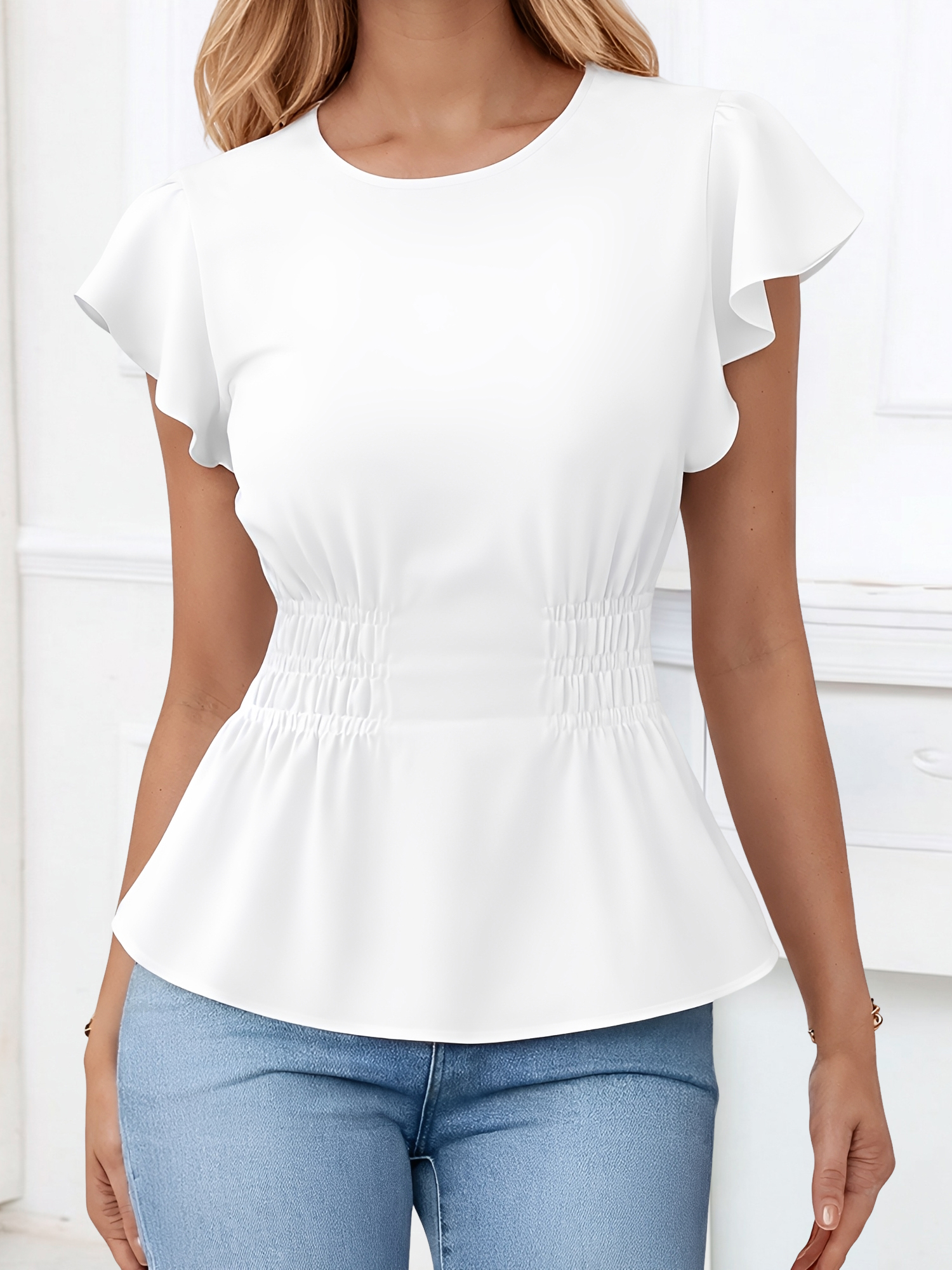 Cotton Round Neck Ruffled Sleeves Smocked Waist Blouse White/L