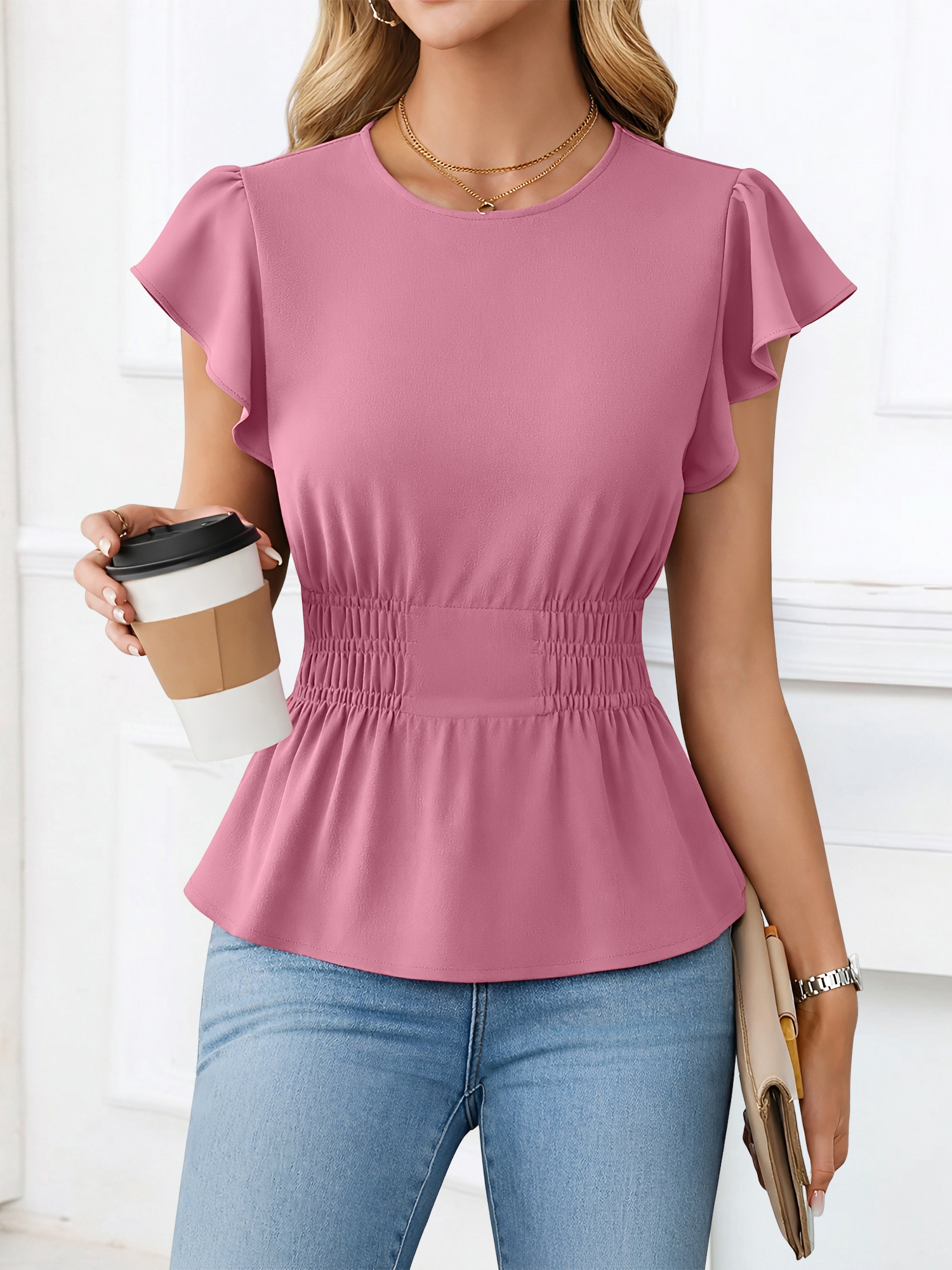 Cotton Round Neck Ruffled Sleeves Smocked Waist Blouse Dark Pink/S