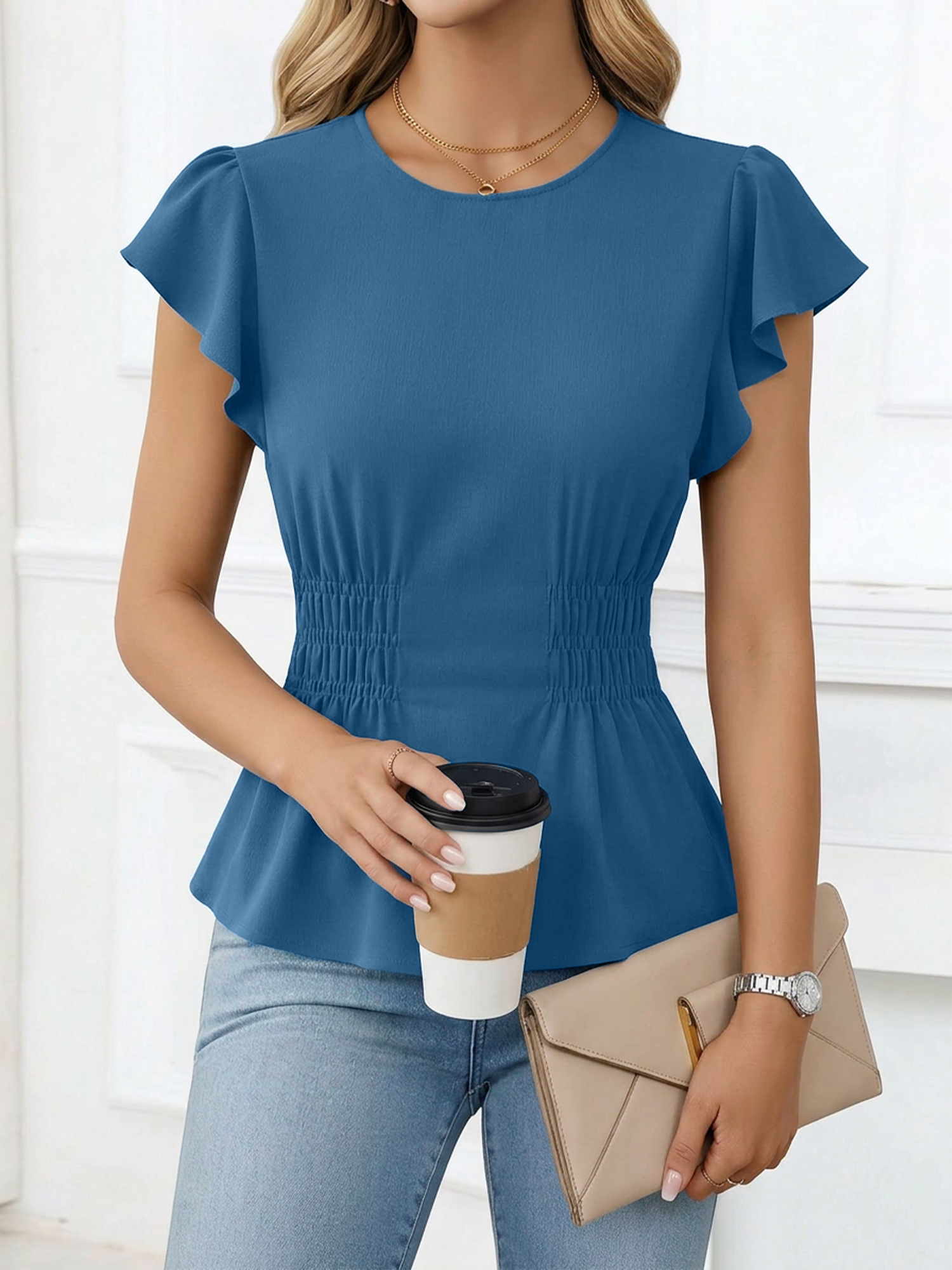 Cotton Round Neck Ruffled Sleeves Smocked Waist Blouse Peacock Blue/XS