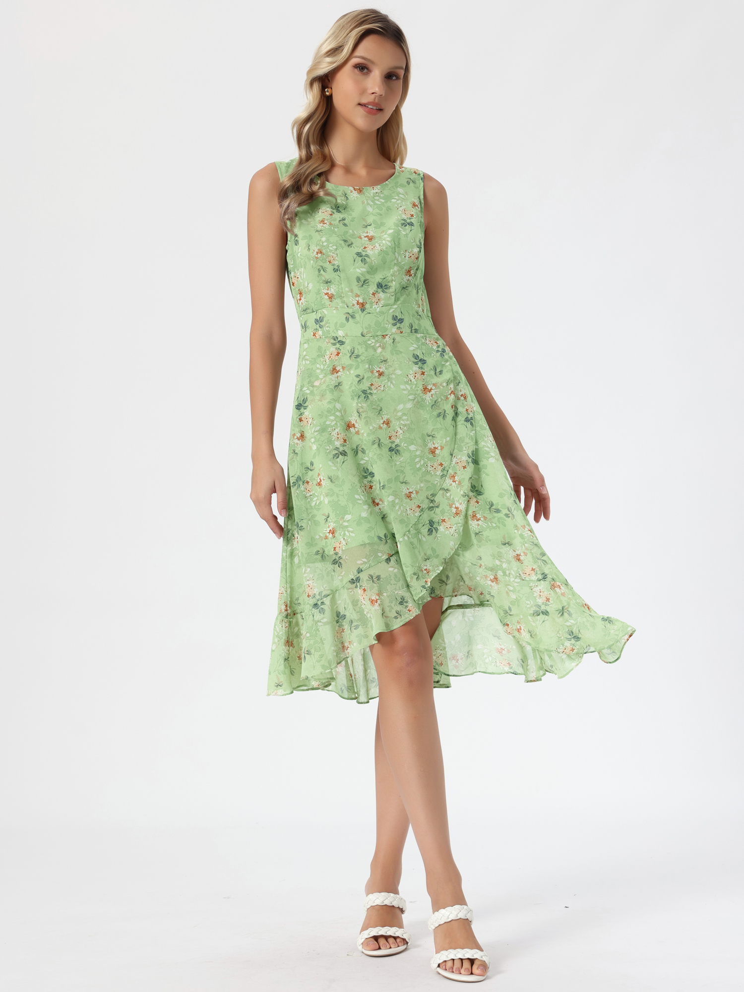 Wrap Ruffle High Low Hem Round Neck Sleeveless Floral Dress Green/XL