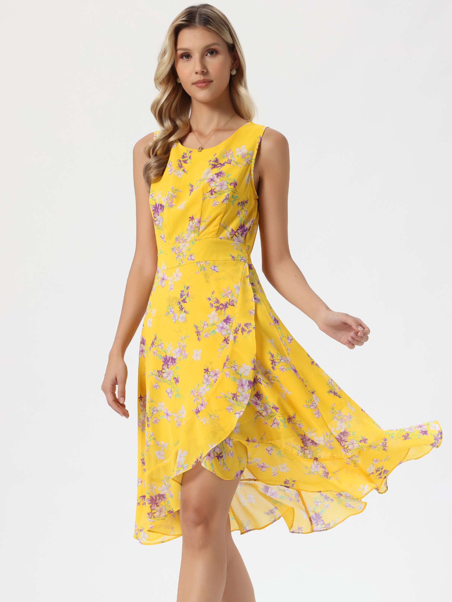 Wrap Ruffle High Low Hem Round Neck Sleeveless Floral Dress Yellow/XS
