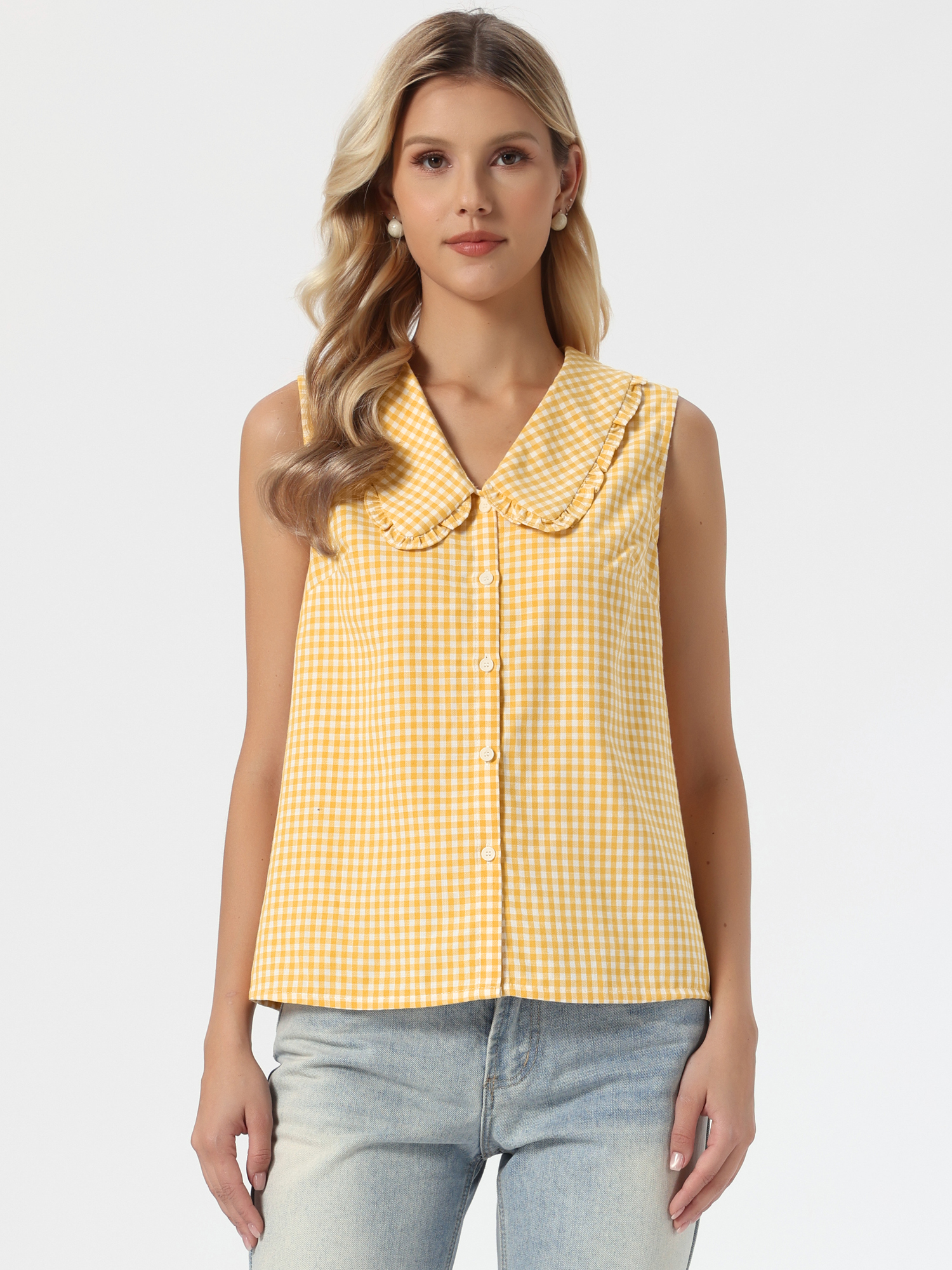 Gingham Ruffle Peter Pan Collar Sleeveless Blouse Yellow/L