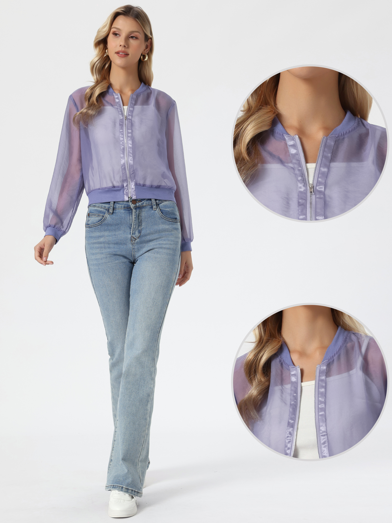 Zip Up See Through Lightweight Long Sleeve Mesh Bomber Jacket Dusty Purple/S