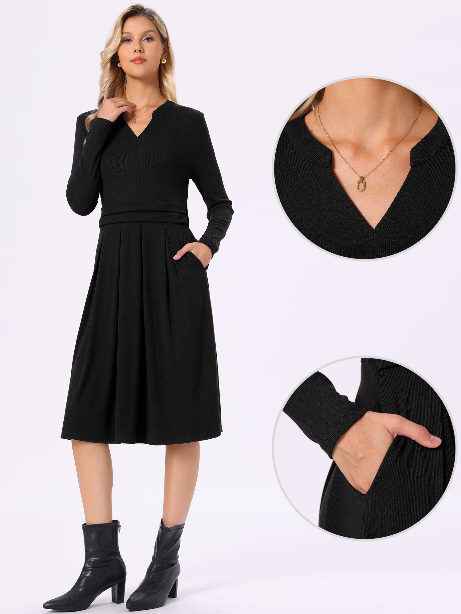 Pocketed Long Sleeve Pleated A-Line Knit Dress Black/XS