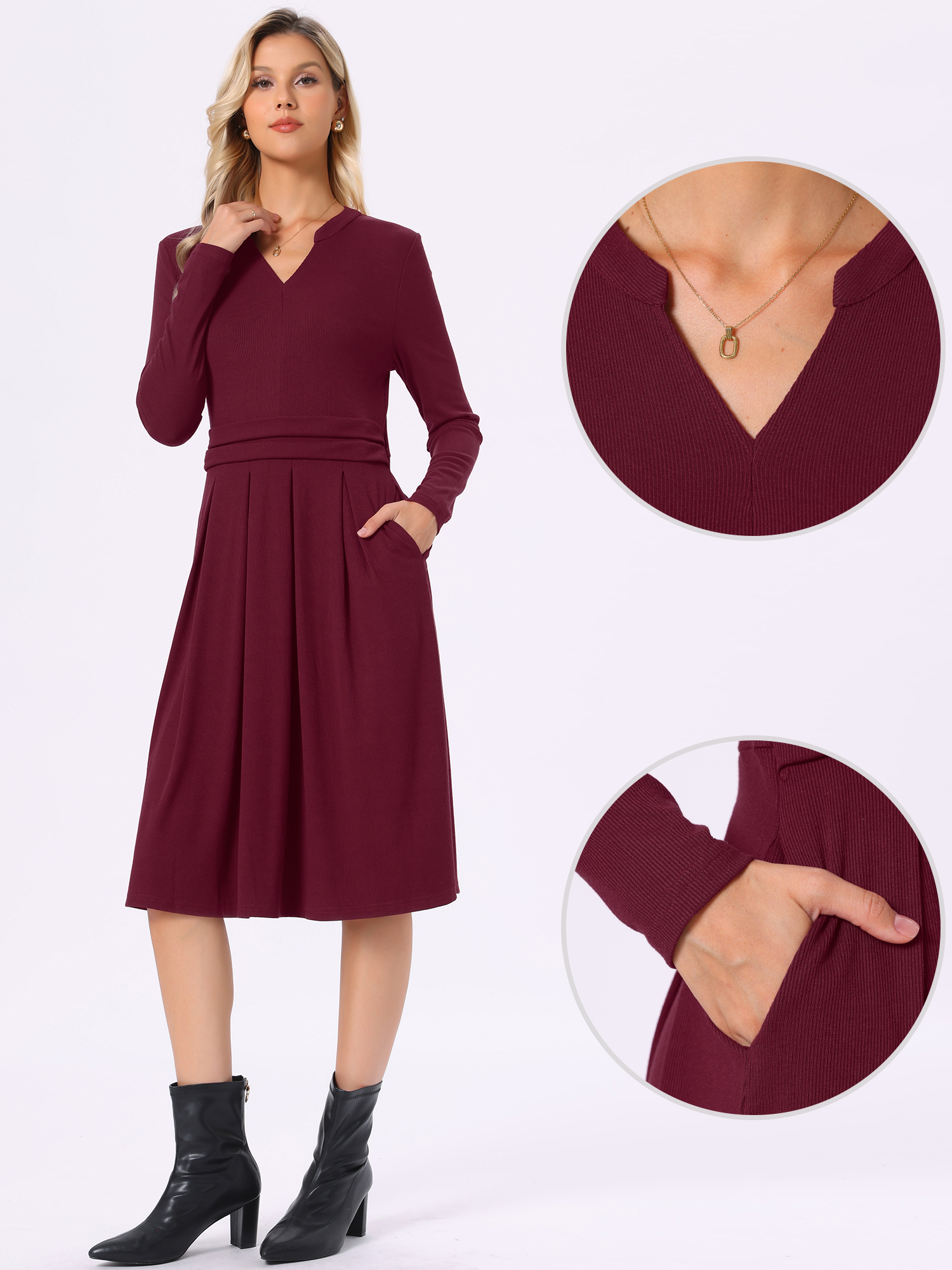 Pocketed Long Sleeve Pleated A-Line Knit Dress Deep Red/S