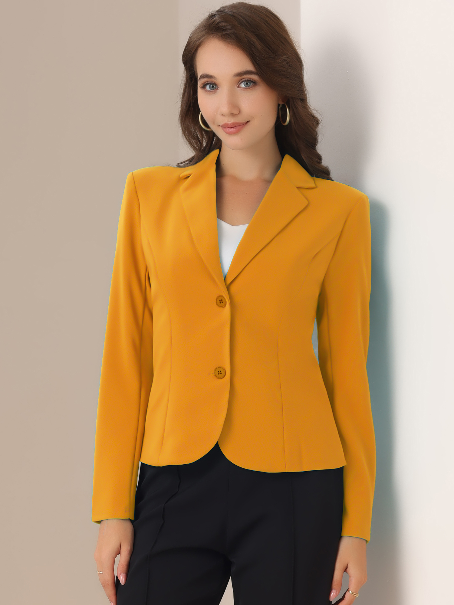 Notched Lapel Collar Stretch Work Office Workwear Jacket Blazer Orange/S