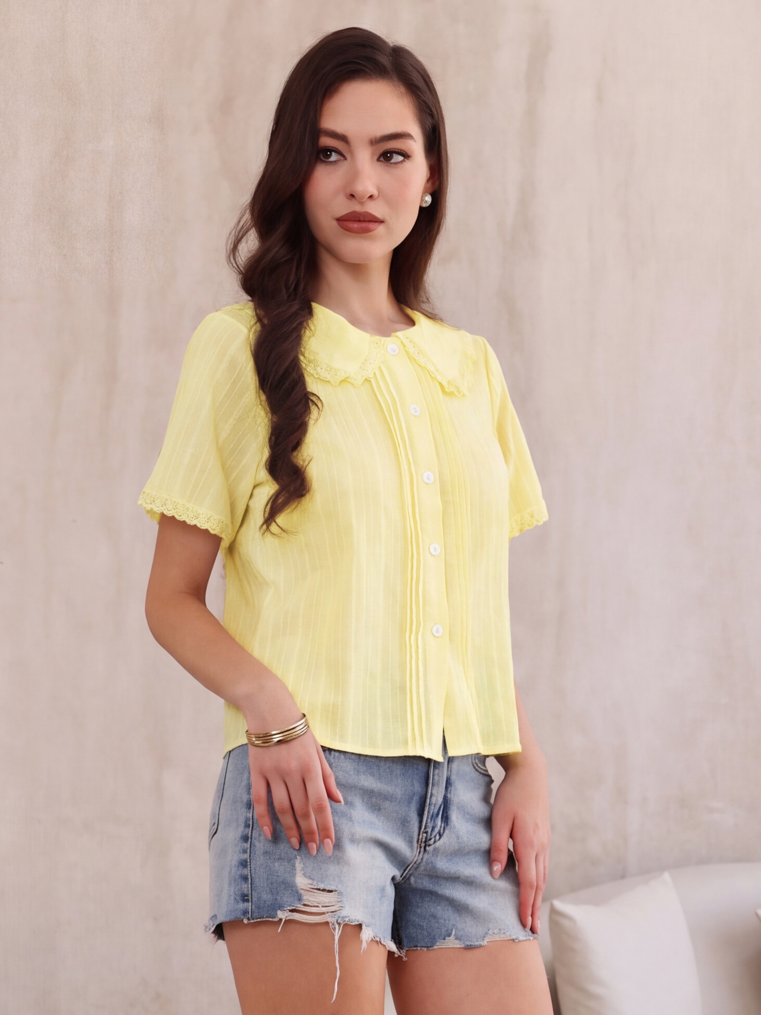 Short Sleeve Peter Pan Collar Button Down Cotton Blouse Yellow/2XL