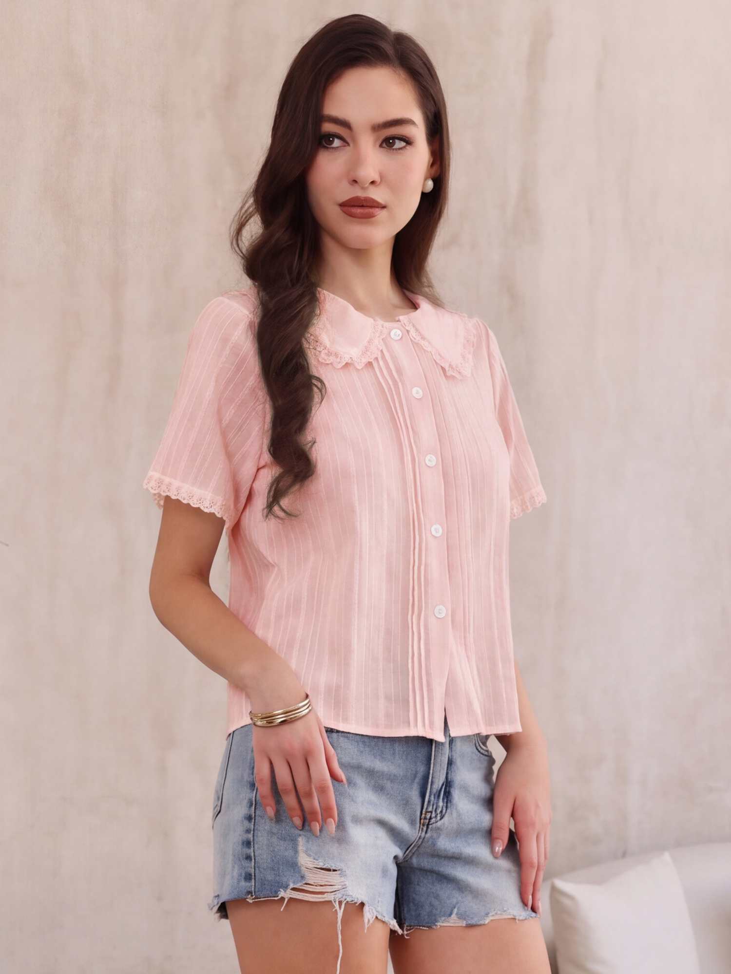 Short Sleeve Peter Pan Collar Button Down Cotton Blouse Pink/XL
