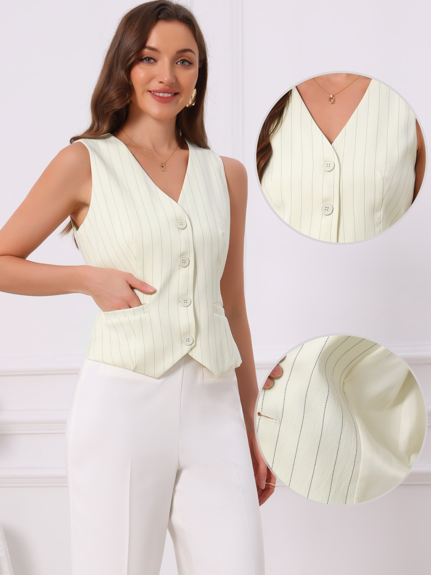Striped V Neck Sleeveless Button Down Pocketed Fully Lined Waistcoat Vest Beige/L