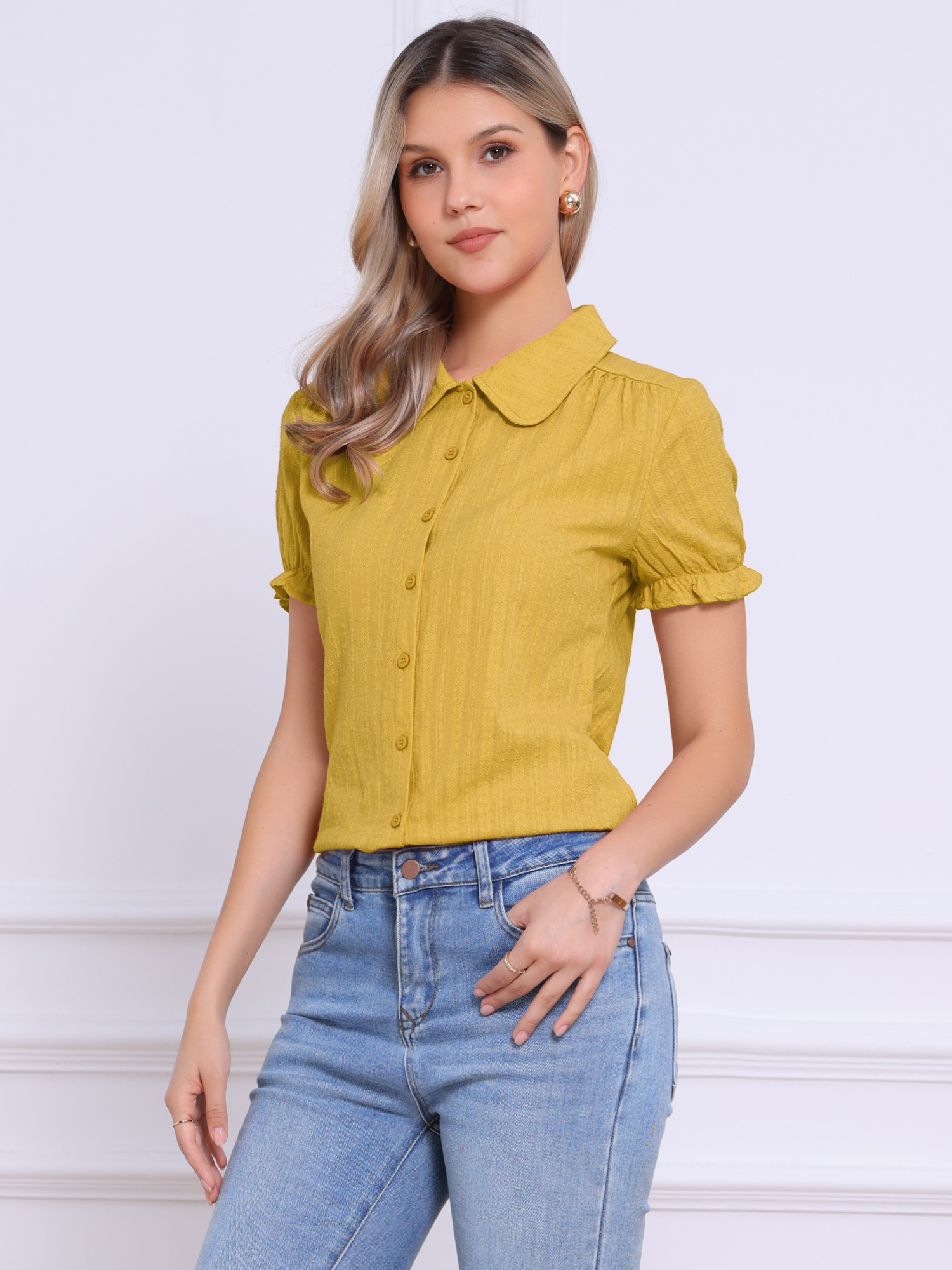 Cotton Frilled Top Turndown Collar Solid Blouse Shirt Yellow/M