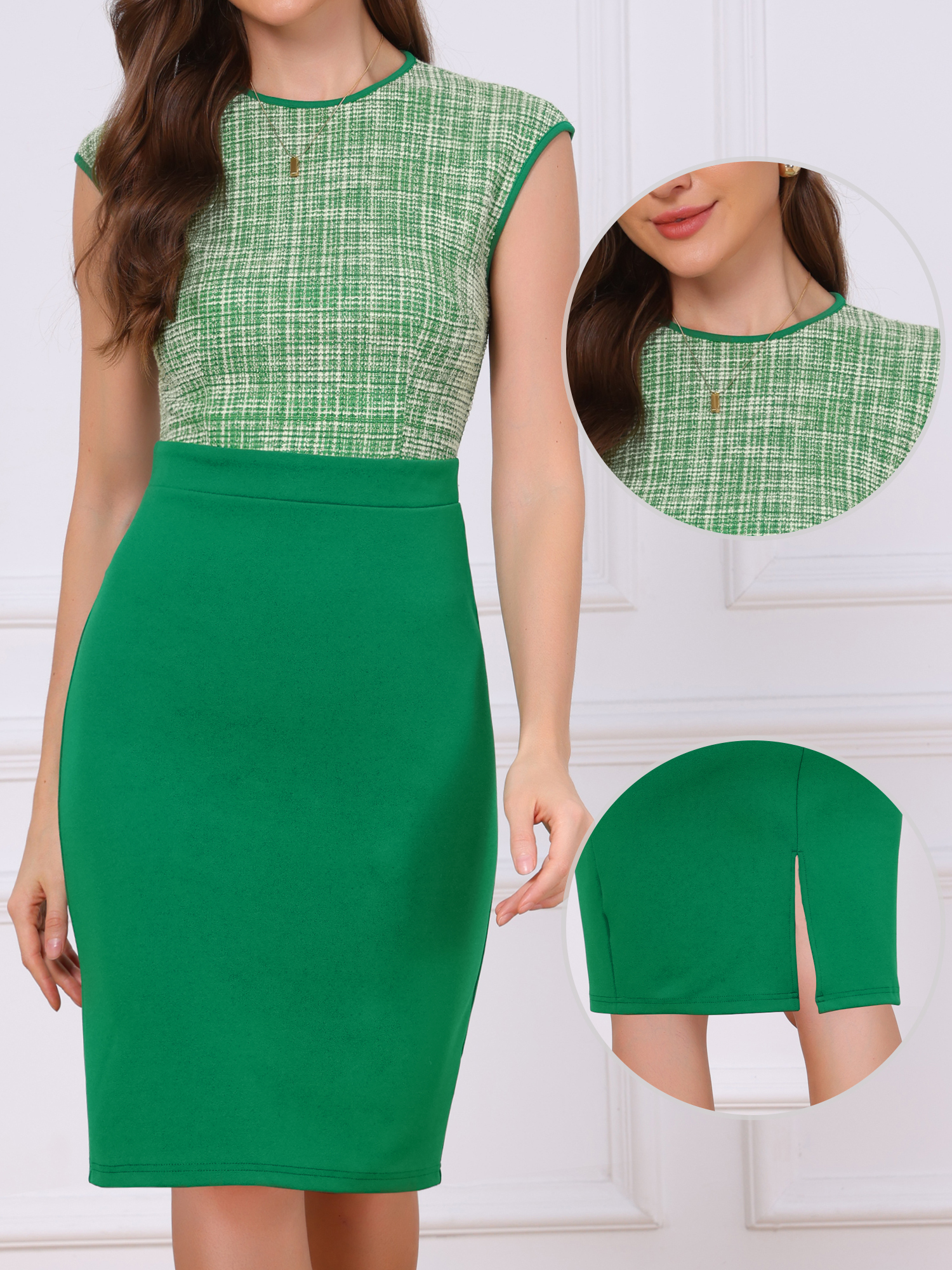 Work Tweed Crew Neck Sleeveless Patchwork Office Sheath Dress Green/M
