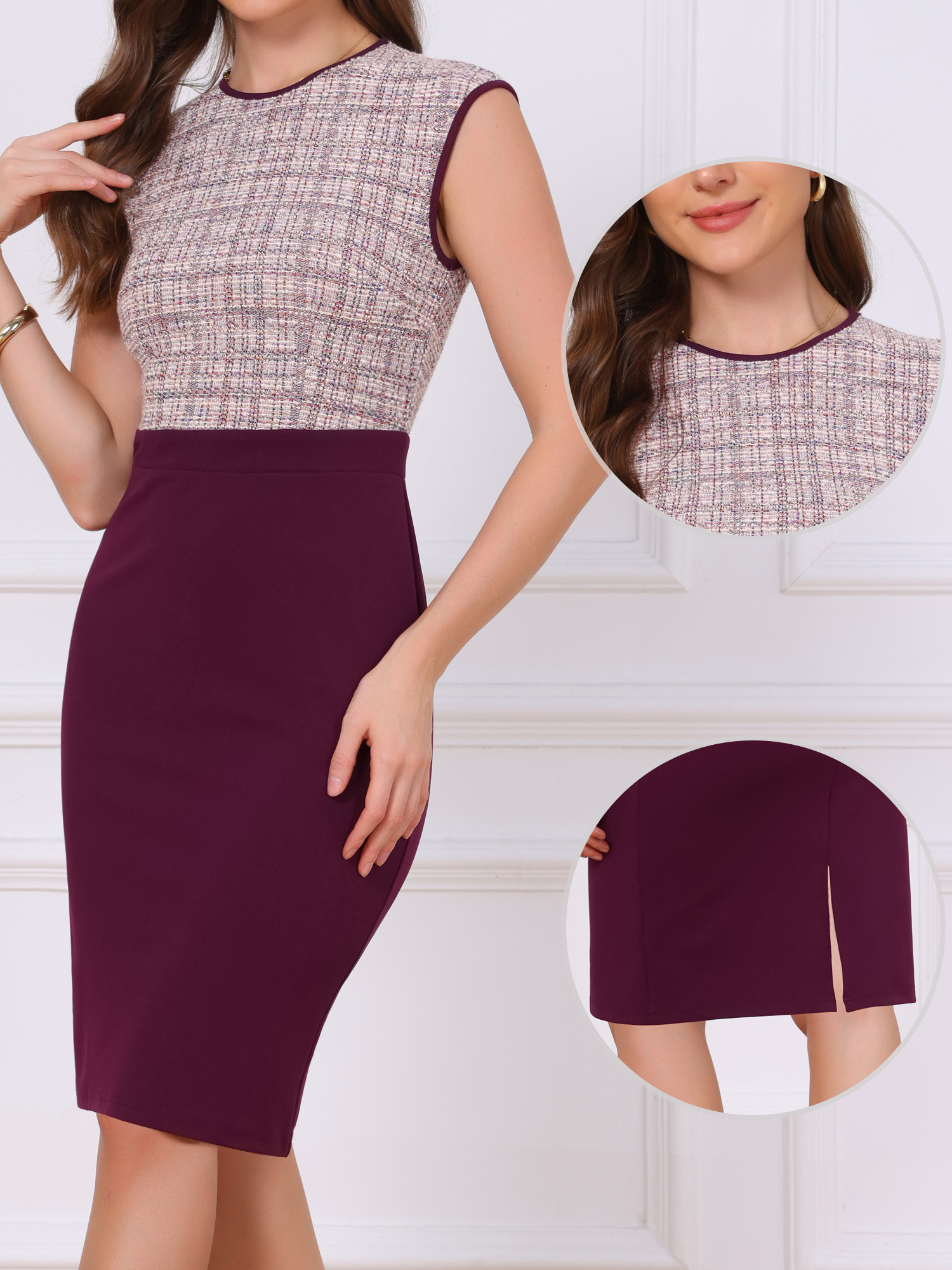 Work Tweed Crew Neck Sleeveless Patchwork Office Sheath Dress Burgundy/XS