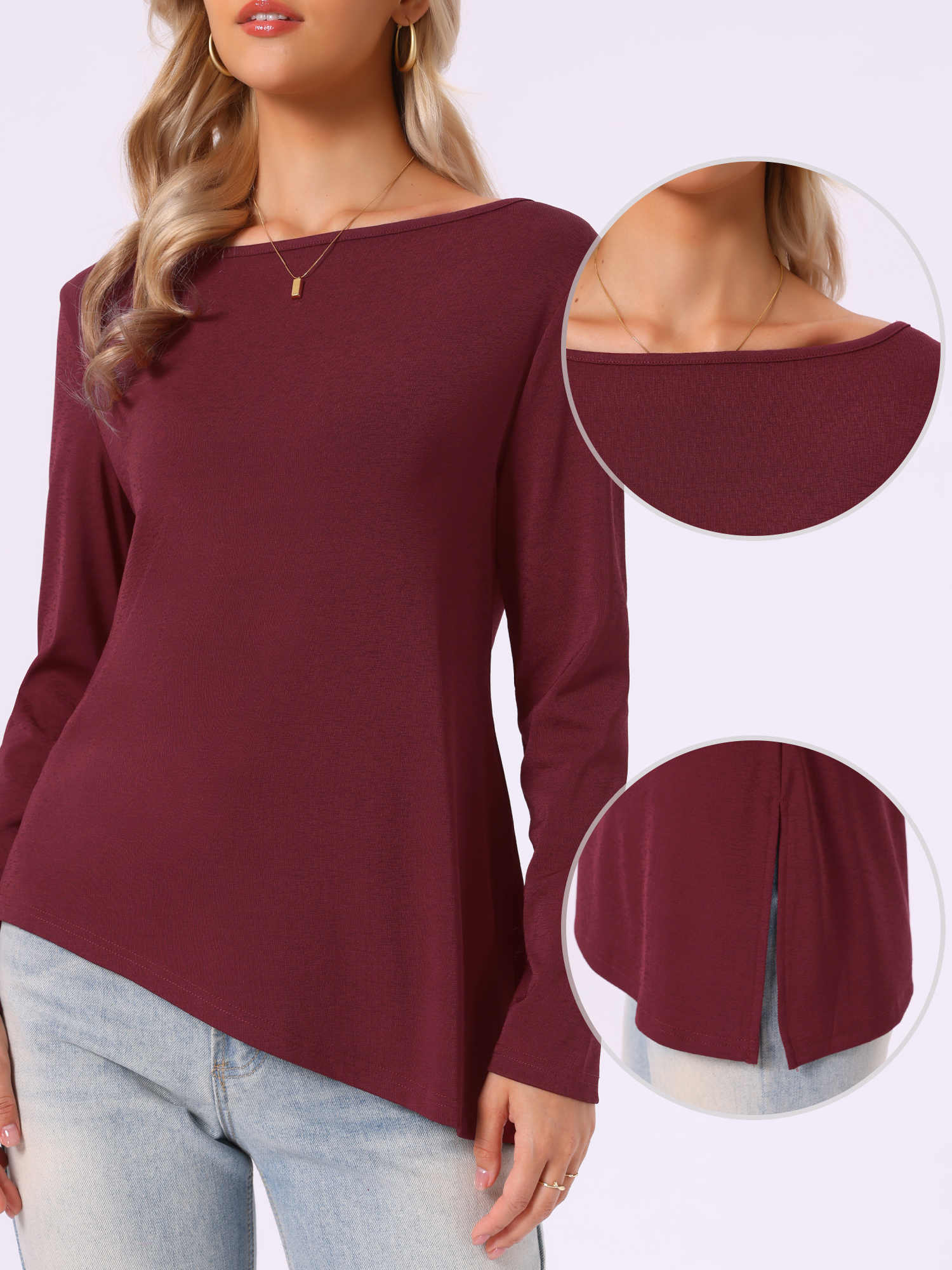 Boat Neck Asymmetric Hem Side Split Long Sleeve Blouse Red/XL