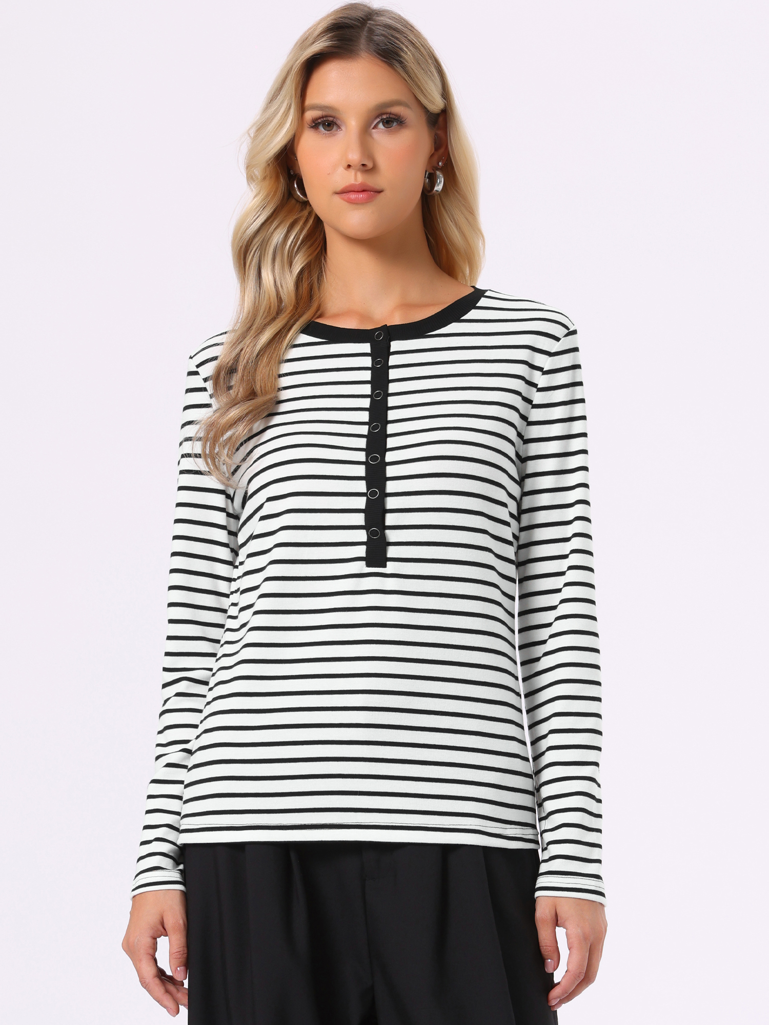 Striped Henley T-Shirts Long Sleeve Round Neck Button Top White/S