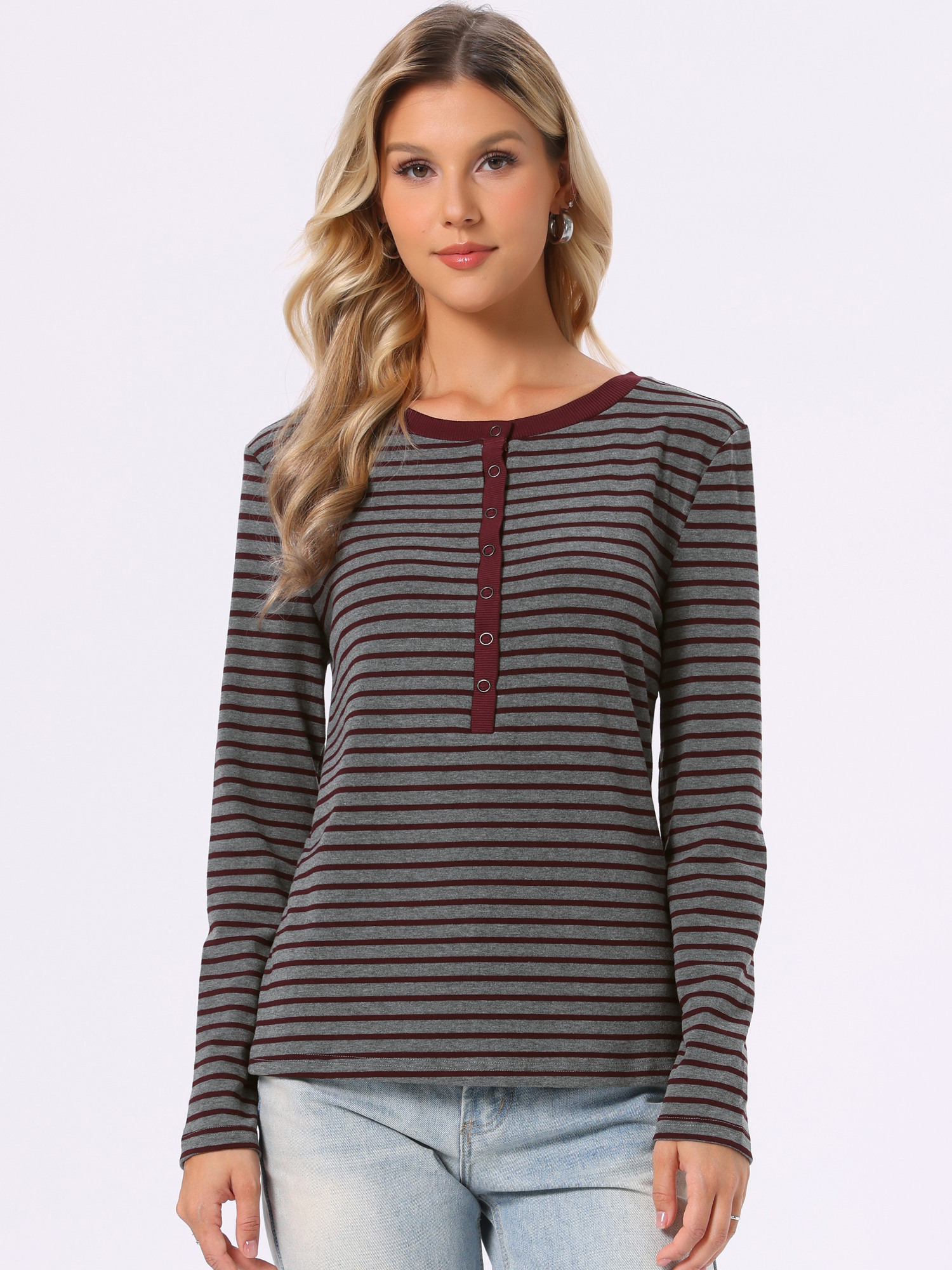Striped Henley T-Shirts Long Sleeve Round Neck Button Top Gray/M