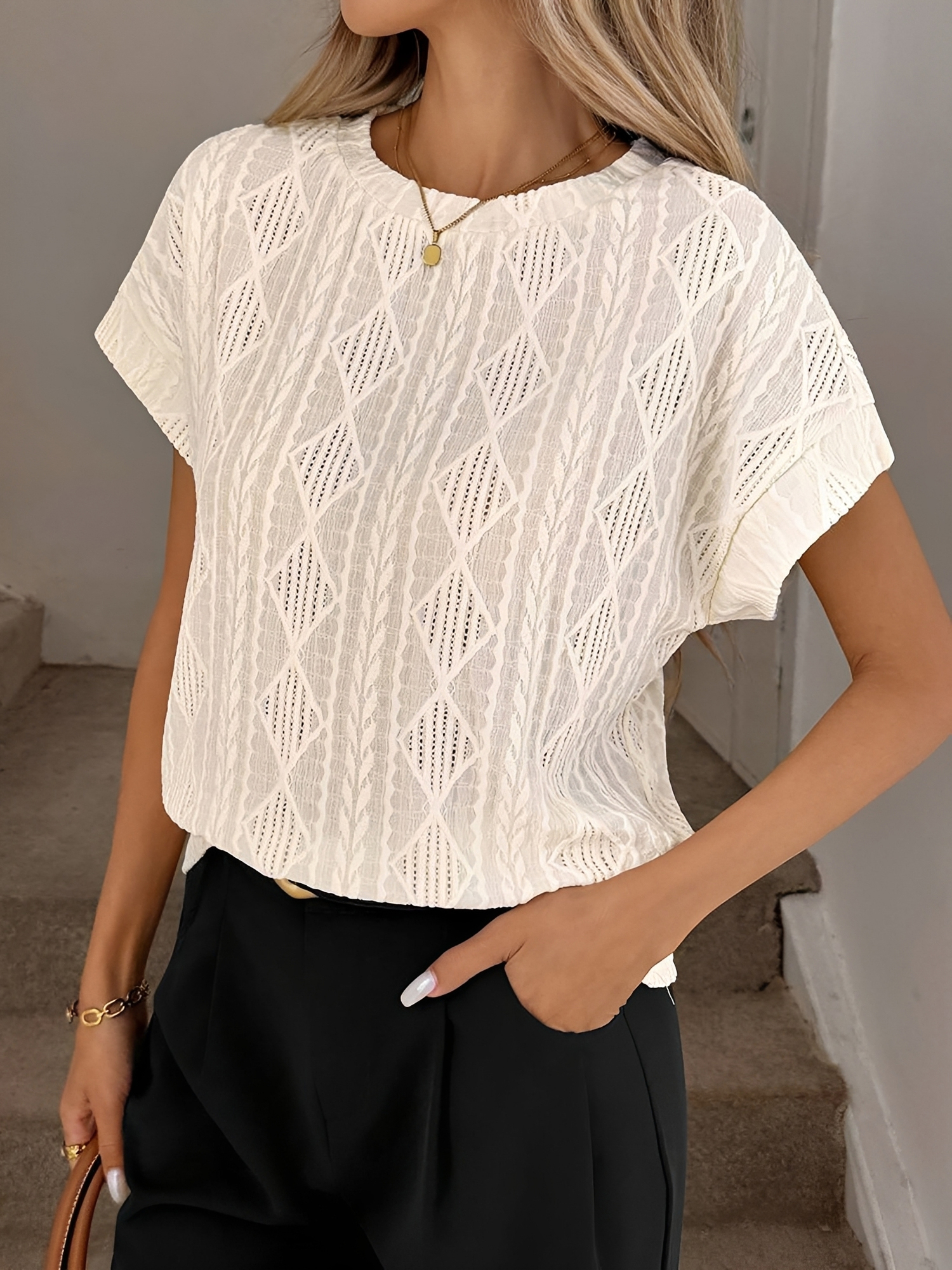 Casual Crew Neck Jacquard Short Sleeve Blouse Apricot/M