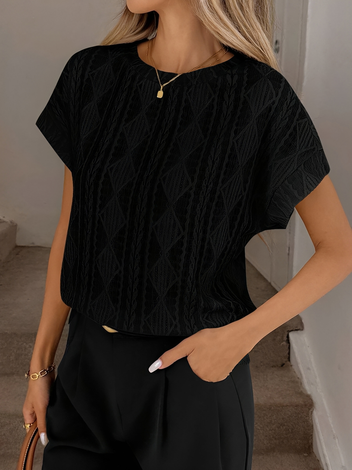 Casual Crew Neck Jacquard Short Sleeve Blouse Black/M